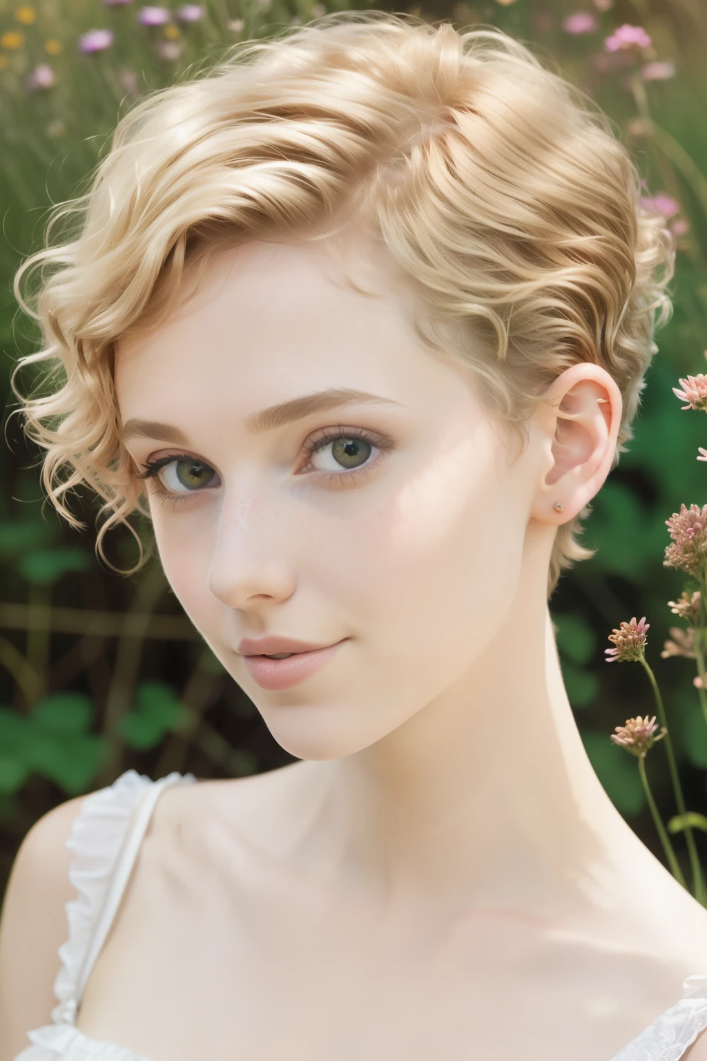 professional photo of skinny provoking nymphette with (curly pixie haircut) Full body shot, (blonde-brown hair) snub nose with detailed facial features and model eyes hanging out at meadow, soft shadows, professional photo of skinny provoking nymphette with (curly pixie haircut) (blonde-brown hair) snub nose with detailed facial features and model eyes hanging out at meadow, soft shadows