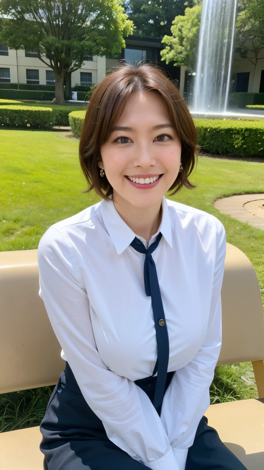 最high quality, In 8K, Masseter region, Vibrant, Sharp focus, high quality, High resolution, Detailed face, fine grain, Thick lips, (Looking at the audience), alone, Beautiful woman, 38 years old, Japanese women, (Short black hair:1.4)、(Bob Hair:1.4), Cleavage, Lunch break、Large city park、Green Grass、In front of a big fountain、(sitting on a park bench:1.3)、(Full body photo:1)、(Japanese women)、(Mitsubishi Bank uniform:1.8), (wearing a dark 青 vest over a white blouse:1.5), The vest has three gold buttons, (Red, blue and white ribbon around his neck)、(Black pumps:1.5)、(Red lipstick:1)、(smile:1.3)、(standard body type)、(D cup breasts)