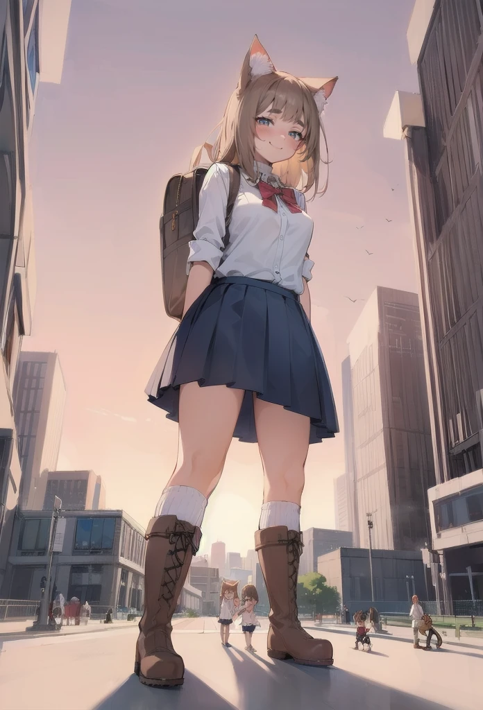 (brown skinned giantess), (catgirl), school, at school, fluffy ears, (2girls:1.5), (height_difference:1.8), (size_difference:1.1), (miniature woman in front of the closeup boots of a giantess), a tiny woman below the breasts of a giantess, simple background, super cute girl, (very tall: 1.1), (closeup breasts and face), (closeup boots), (miniature woman touching a giantess: 1.1)