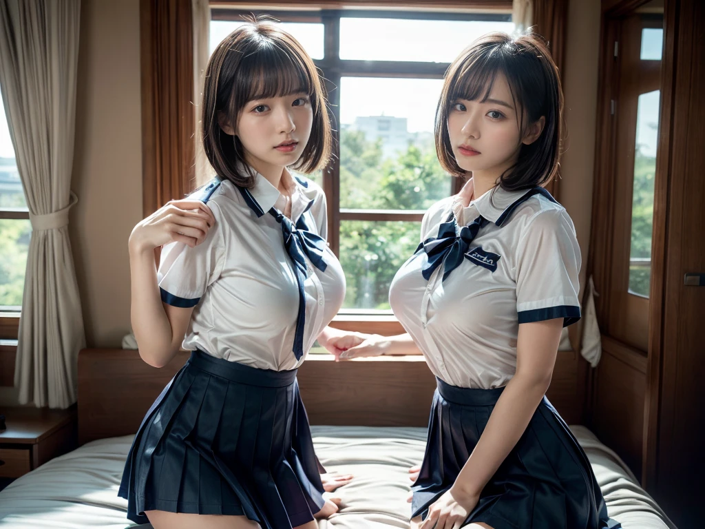 (RAW photo, 4k, masterpiece, high resolution, extremely complex) (realistic: 1.4), cinematic lighting
((2 girls, 2 schoolgirls)),Slam Dunk's,blushing,((innocent)),(Dark makeup),bright eyes,round eyes,blunt bangs,(short bob hair:1.3),black hair,large breasts,wide hips,Summer Noon, ,Hot, (Best Quality), (Highres), (an Extremely Delicate and Beautiful),(Beautiful 8k face),(Brown eyes),short bob hair,( spectators),(gigantic breasts),(Play with each other,Touching each other's bodies,Touching the body),(Japanese high school uniform:1.3),blue skirt,(reality),bright lighting,(The background is a luxury hotel room)