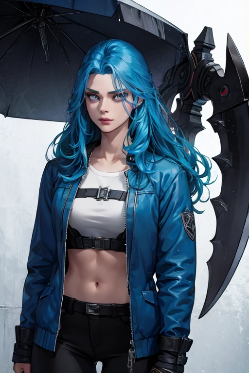 A black woman with long blue hair, with bright blue eyes. In the style of manga/anime One Piece Full Body Make her have a more serious expression