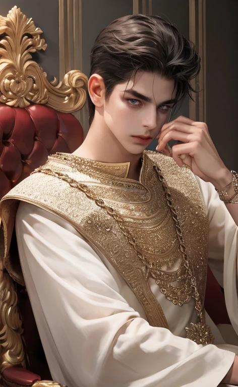 lindo garoto rosto perfeito cabelo curtu loiro olhos azuis musculoso sentado em um trono de luxo com muito ouro