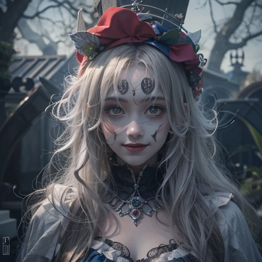 Standing in the grave、Hair flow、 ((highest quality、masterpiece、8k、Best image quality、Ultra-high resolution、Award-winning works)、(Accurate anatomy:1.1)、(Look at me and smile:1.1)、Shining fair skin with Ultra-high resolution、The most detailed face、Ultra-high resolution detailed face、Ultra-high resolutionの髪の毛、(Ultra-high resolution eye:1.1)、Beautiful face drawn in every detail、Cheerful clown costume, Chest to chest,  Strange atmosphere, Ghosts flow, Dark Light, At the cemetery, Heavy makeup 