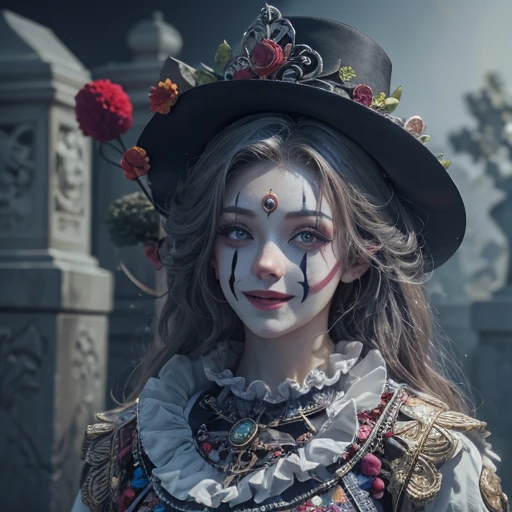 Standing in the grave、Hair flow、 ((highest quality、masterpiece、8k、Best image quality、Ultra-high resolution、Award-winning works)、(Accurate anatomy:1.1)、(Look at me and smile:1.1)、Shining fair skin with Ultra-high resolution、The most detailed face、Ultra-high resolution detailed face、Ultra-high resolutionの髪の毛、(Ultra-high resolution eye:1.1)、Beautiful face drawn in every detail、Cheerful clown costume, Chest to chest, Strange atmosphere, Ghosts flow, Dark Light, At the cemetery, Heavy makeup