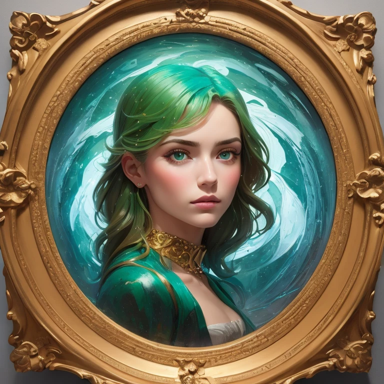 bronze turquoise mix, bas - relief carved in fluorescent aquamarine and green marble mix, beautiful portrait of celtic young beautiful woman, oil painting knife palette sculpture, square metallic rag background, straight head, van gogh, swirls spiral at the background, gold circle