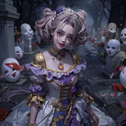 Standing in the grave、Hair flow、 ((highest quality、masterpiece、8k、Best image quality、Ultra-high resolution、Award-winning works)、(Accurate anatomy:1.1)、(Look at me and smile:1.1)、Shining fair skin with Ultra-high resolution、The most detailed face、Ultra-high resolution detailed face、Ultra-high resolutionの髪の毛、(Ultra-high resolution eye:1.1)、Beautiful face drawn in every detail、Cheerful clown costume, Chest to chest, Strange atmosphere, Ghosts flow, Dark Light, At the cemetery, Heavy makeup