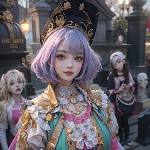 Standing in the grave、Hair flow、 ((highest quality、masterpiece、8k、Best image quality、Ultra-high resolution、Award-winning works)、(Accurate anatomy:1.1)、(Look at me and smile:1.1)、Shining fair skin with Ultra-high resolution、The most detailed face、Ultra-high resolution detailed face、Ultra-high resolutionの髪の毛、(Ultra-high resolution eye:1.1)、Beautiful face drawn in every detail、Cheerful clown costume, Chest to chest, Strange atmosphere, Ghosts flow, Dark Light, At the cemetery, Heavy makeup