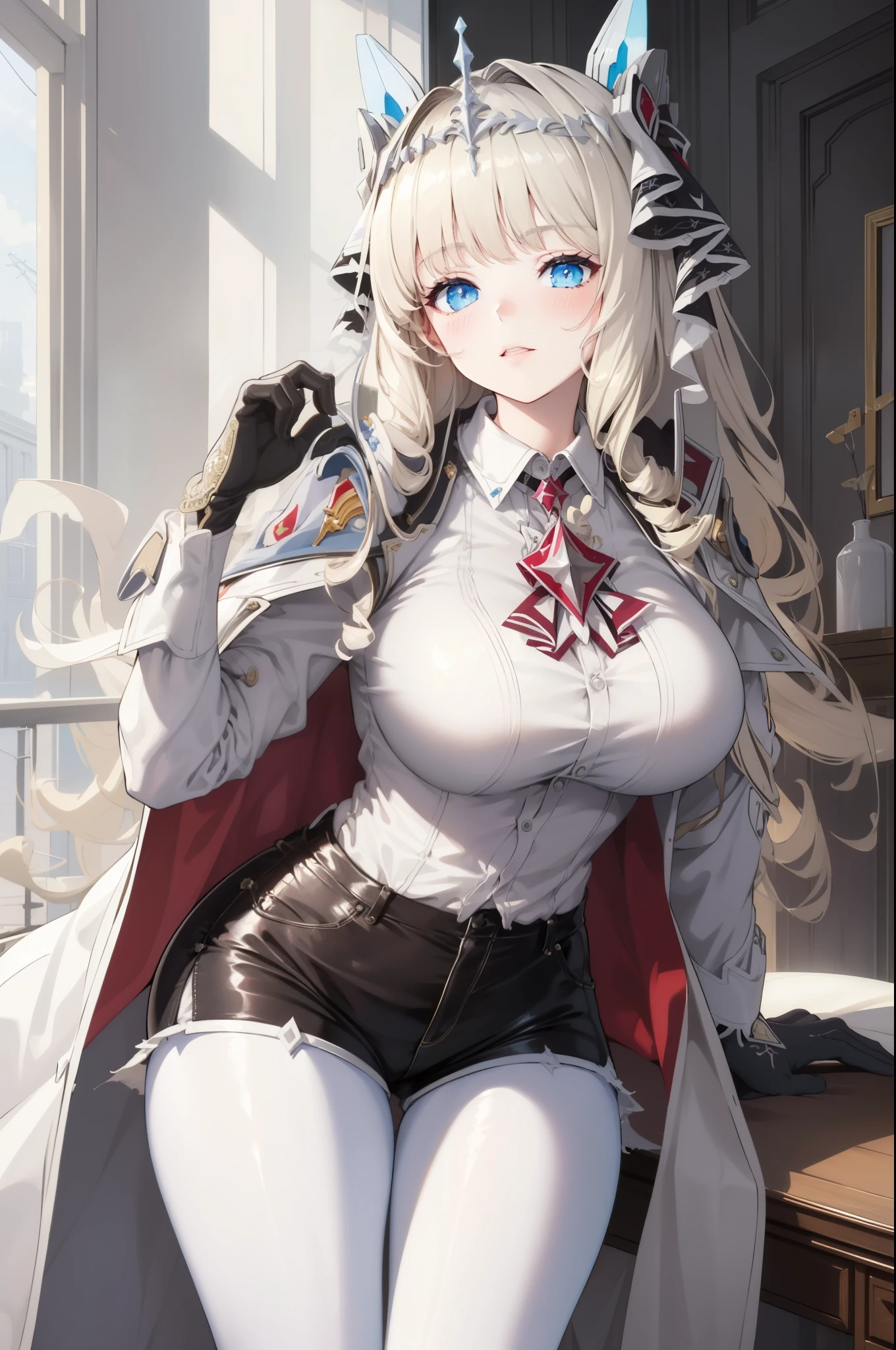 (best quality:1.3), (masterpiece:1.3), (illustration:1.3), (ultra-detailed:1.3), 1girl, solo, large breasts, nikkecrwn, tiara, hair ribbon, drill hair, drill locks, white jacket, white shirt, frilled shirt, broach, high-waist shorts, pantyhose, gloves