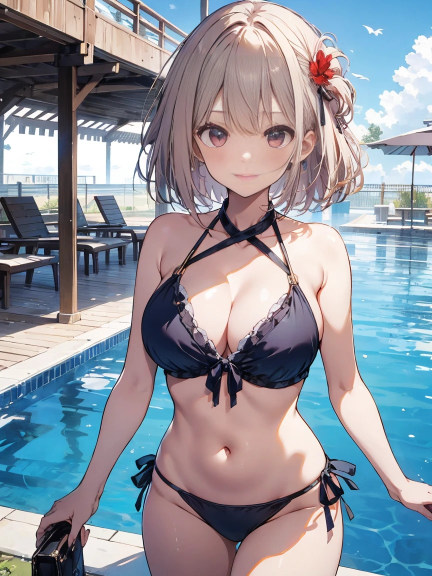 realistic, 1girl, gray hair, purple eyes, bright eyes, Cropped top, sexy bikini , parted lips, blush, Night, flowers, sun, sunlight, Cheongsam, Medium length hair, real, warm color, light color background color, Daytime environment, bright color background, beach, ocean, cute,oppai,large ,covered chest,nude,