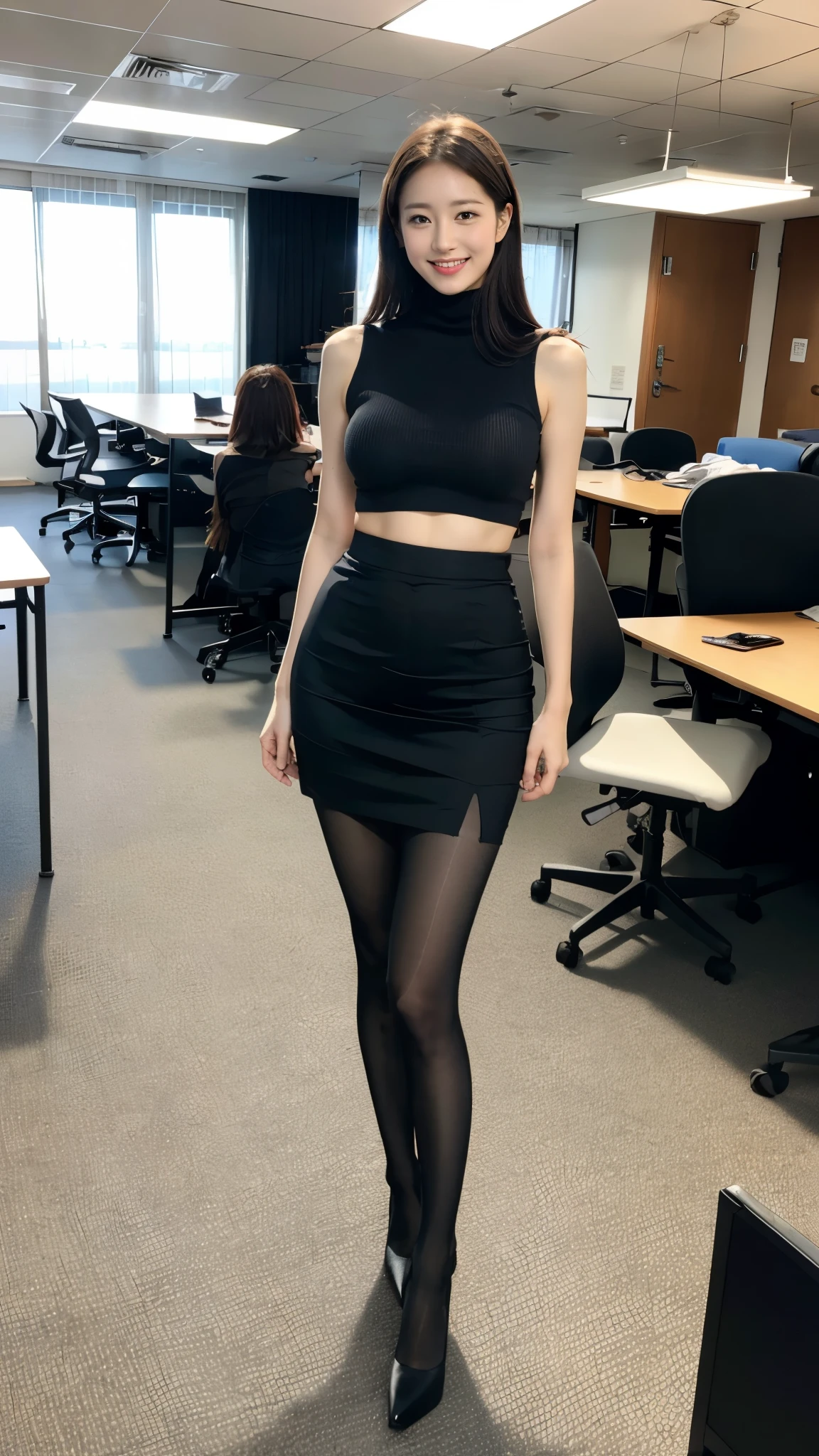 ulzzang-6500-v1.1,  (RAW Photos:1.2), (Photorealistic), Beautiful details, (Genuine: 1.4), One woman、Very detailed目と顔, Beautiful and fine details, Standing in the office、(Sleeveless high neck sweater、flare skirt:1.3)、(Ultra-realistic pantyhose:1.6、High heels)、Stand with your legs crossed、Large file size, High resolution, Very detailed, highest quality, [masterpiece:1.6], Awareness-raising, Very detailed, Hmph, In detail, highest quality, 8k wallpaper, Cinema Lighting, One mature woman, 43 years old, Perfect figure, Cute droopy eyes、Beautiful big eyeastepiece)), highest quality, One mature woman, eye shadow, Portraiture, ((Full Body Shot:1.14))、(A very loving smile:1.2)、