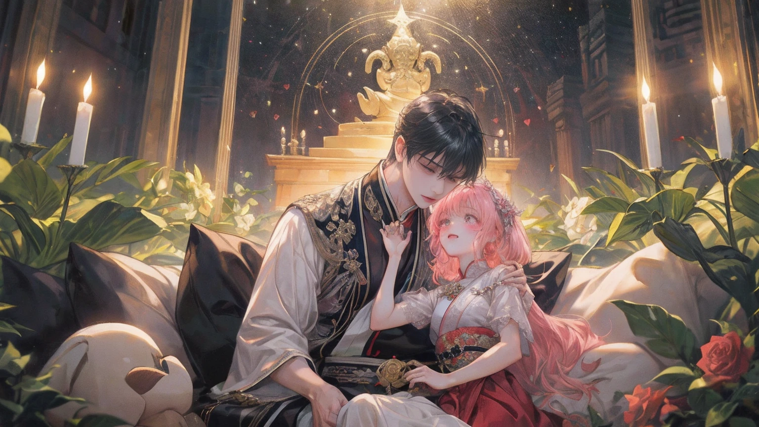 「Yab-Yum」A huge Roman emperor named Constantine I「great」A cute girl from the Land of the Rising Sun snuggles up to the head of the statue。they are a happy couple、full of love。Their love is、It transcends the shackles of faith and religion。That love is、It's a microcosm that lives within garden quartz、It's a galaxy、It's a clear sky before dawn。Their relationship unfolded in a tranquil time、Marble floor and colorful ores、diamond、Morganite、Kunzite、rose quartz、Inca Rose、rhodochrosite、Decorated with jewels of love such as rhodonite。Their love is時空を超えた幸福であり、Has the power of healing, forgiveness, and repentance。They are united in a sacred prayer、That figure is super beautiful and the scale is endless。Their relationship is detailed and elaborate、It links a nostalgic past with an exciting future。Their love is現代的であり、It is a super high quality entity such as Akashic Records and Book of Life。It's a divine digital art、filled with pure light。That love is深い感動を呼び起こし、It's something that brings tears、Symbolizes the happiness of love。They are Aizen Myoo and Cupid、They are like angels of love、It embodies the mercy and wisdom of Shinto and Buddha。their relationship built a lyrical and heart-full world、Has wisdom, compassion, and healing powers。They look like Alma Tadema and Michelangelo、Gustave Doré、Comparable to William Blake's works。They are soulmates and twin flames depicted in tarot cards and oracle cards、It's like a twin ray、Happy Buddha and Buddha paintings、It also exists in Buddha statues。They symbolize the integration of East and West、Tibetan Buddhism or Gandharan style、It is also familiar to the world of tanga。their relationship also touched on the realm of mysticism、It shows their existence as a soul-like。Their love is地上の運命と天界の至福を結びつけ、It's super beautiful and has become a masterpiece。they are humanity's treasure、It symbolizes the truth of the universe。Their appearance became a bridge between the sacred and the secular、It is an iconic, diverse, and colorful entity。that relationship is depicted as digital art、It becomes a sensory motion。It has a sublime meaning、It questions the meaning of living and dying。They embody the light of the Central Sun、The truth of Dainichi Nyorai and the essence of the Rishukyo、Kobo Daishi holds Kukai's prayer。Their appearance resonates with Koyasan's three-dimensional mandala、It embodies the miracles of Komyo Shingon。Their love is密教や天台宗、Transcending the teachings of the Shingon sect、It also extends to regions such as the Taizo Realm and the Kongo Realm。they transcend everything in the mandala、It's the truth itself