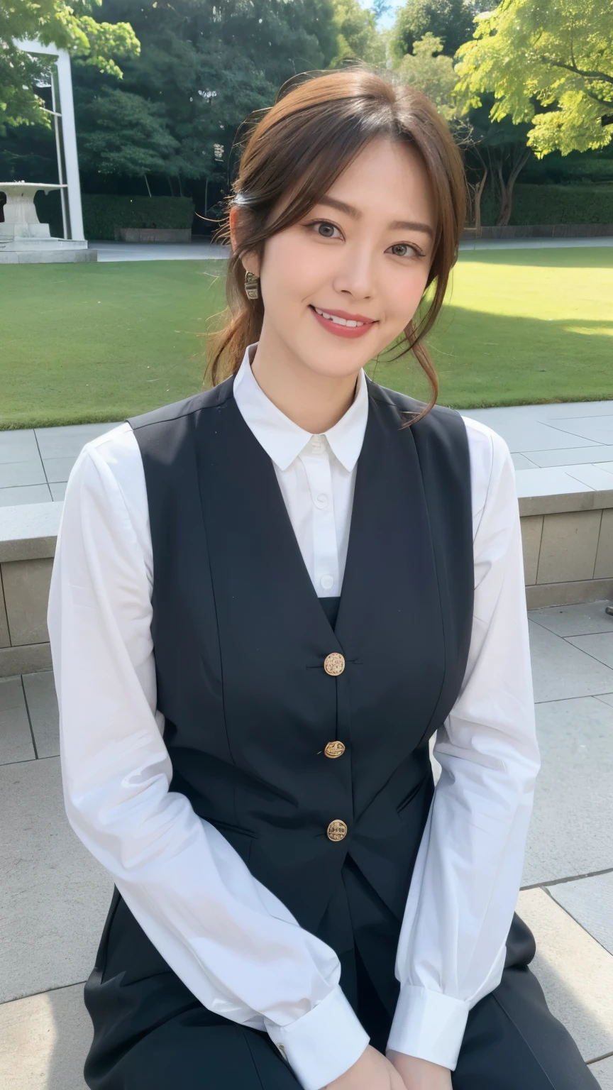 最high quality, In 8K, Masseter region, Vibrant, Sharp focus, high quality, High resolution, Detailed face, fine grain, Thick lips, (Looking at the audience), alone, Beautiful woman, 38 years old, Japanese women, (Short black hair:1.4)、(Bob Hair:1.4), Cleavage, Lunch break、Large city park、Green Grass、In front of a big fountain、(sitting on a park bench:1.3)、(Full body photo:1)、(Japanese women)、(Mitsubishi Bank uniform:1.8), (wearing a dark 青 vest over a white blouse:1.5), The vest has three gold buttons, (Red, blue and white ribbon around his neck)、(Black pumps:1.5)、(Red lipstick:1)、(smile:1.3)、(standard body type)、(D cup breasts)
