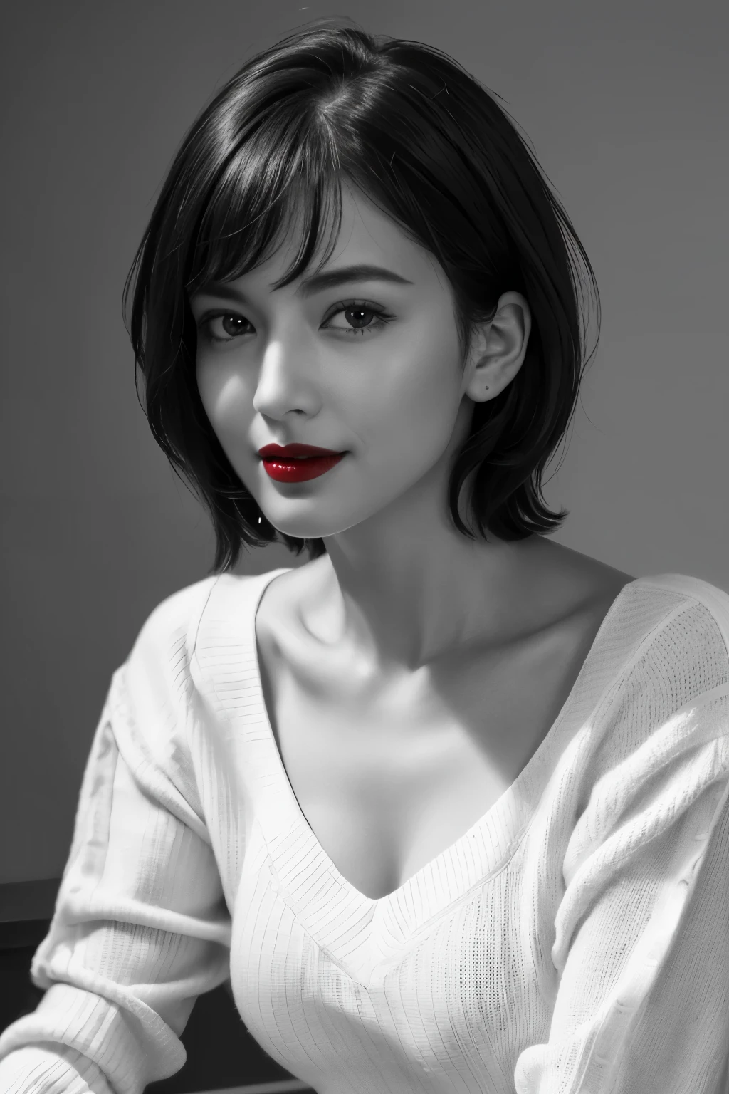 Tabletop, highest quality, Photorealistic, Very detailed, finely, High resolution, 8k wallpaper, RAW Photos, Professional, High level of detail, 1 girl, (((Black and white photography))), (((Red lips))), ((Looking at the camera)), (Look forward), Upper Body, Short Hair, Bob Hair, Straight Hair, Shapely breasts, Cleavage, V-neck light knit sweater