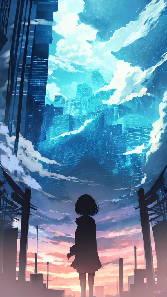 anime,silhouette,1girl, cloud, outdoors, skyscraper, city lights, blue sky, skyline,morning,waking,In nature,Mountain,Couple