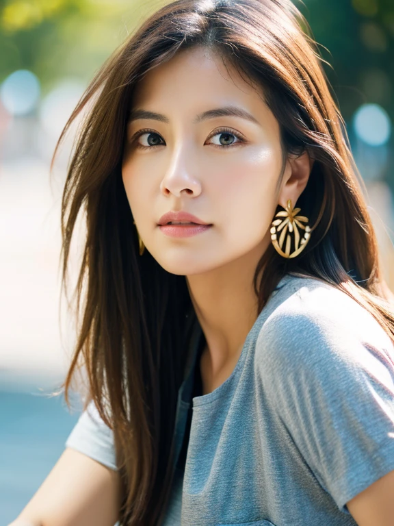 highest quality, masterpiece, Ultra-high resolution, (Realistic:1.5), RAW Photos, One Woman,Age 35, T-Shirts, moderate, Cold Light, Sexy Looks, Tied Hair、Hide your face when turning sideways on your iPhone、Gold earrings、Upper Body、