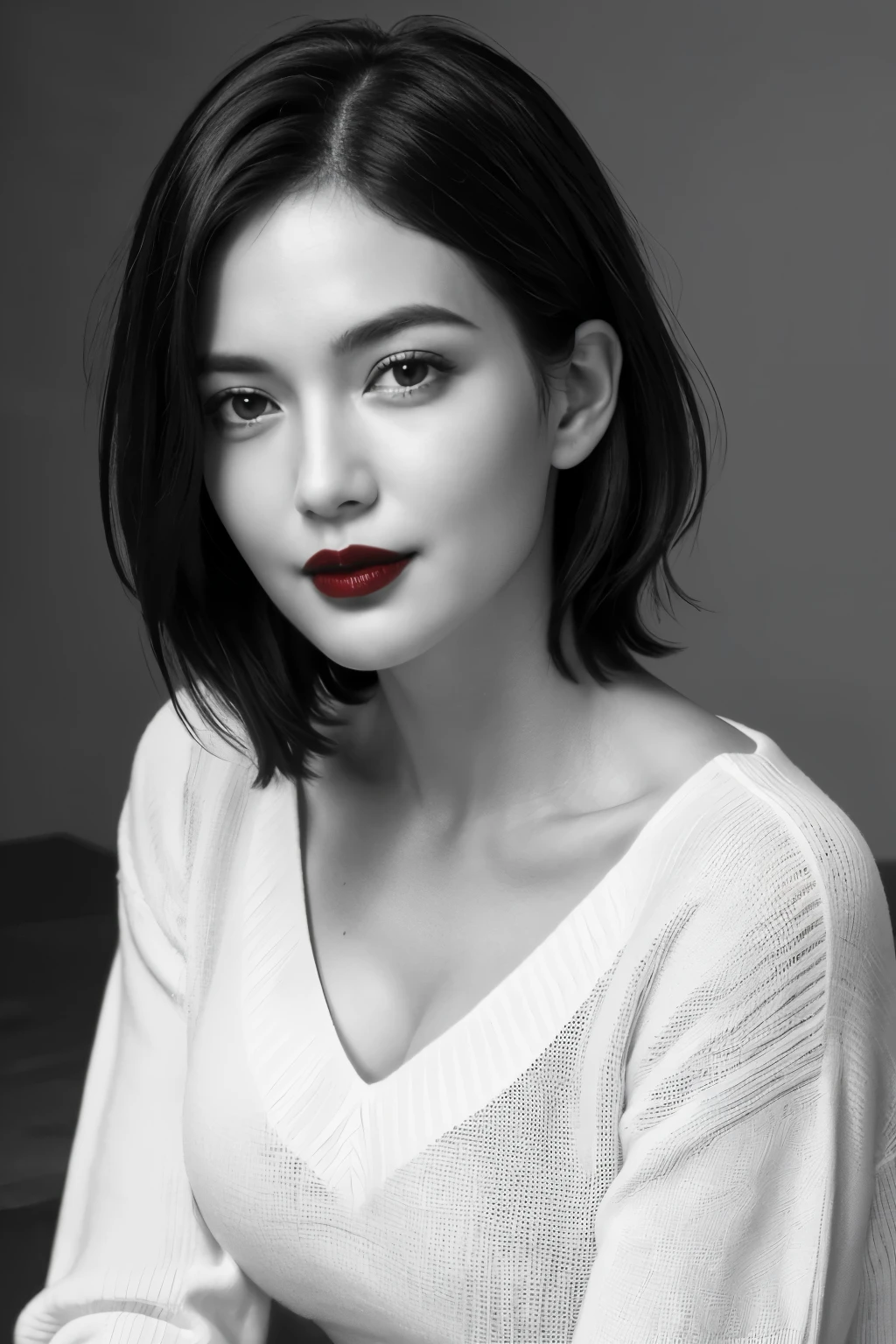 Tabletop, highest quality, Photorealistic, Very detailed, finely, High resolution, 8k wallpaper, RAW Photos, Professional, High level of detail, 1 girl, (((Black and white photography))), (((Red lips))), ((Looking at the camera)), (Look forward), Upper Body, Short Hair, Bob Hair, Straight Hair, Shapely breasts, Cleavage, V-neck light knit sweater