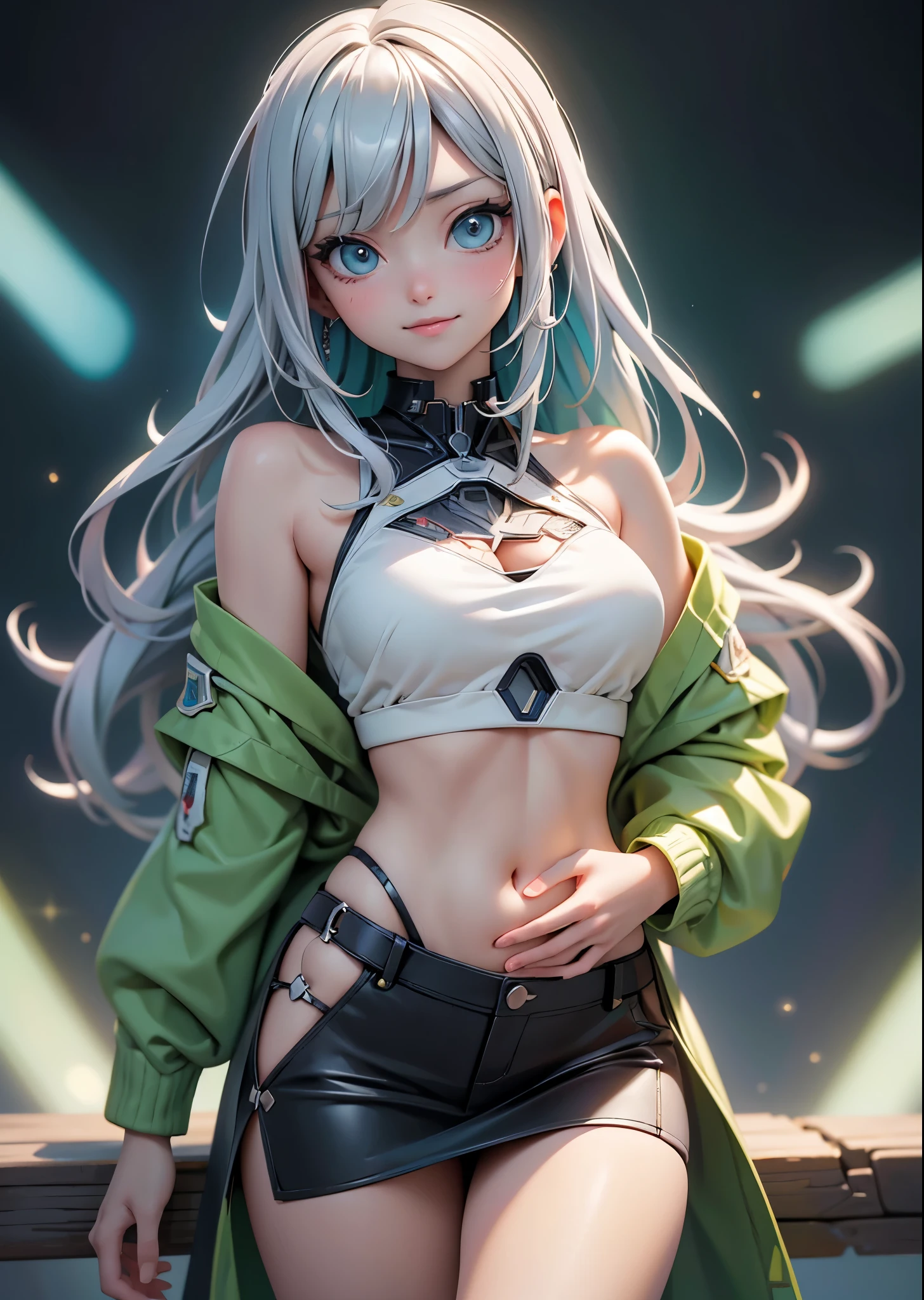 mega twintails, Suou Patra, horns, pointy ears, orange eyes, demon horns, demon tail, silver hair, sorriso sexy, peitos medios, apalpando os peitos, sorriso sexy, (alta qualidade, 8k, obra prima, qualidade ultra, extremamente detalhado, bem colorido, no blurries, foco absoluto, impeccable quality), 1girl, highleg panties, hooded jacket, open jacket, hands, bikini, best quality, highly detailed