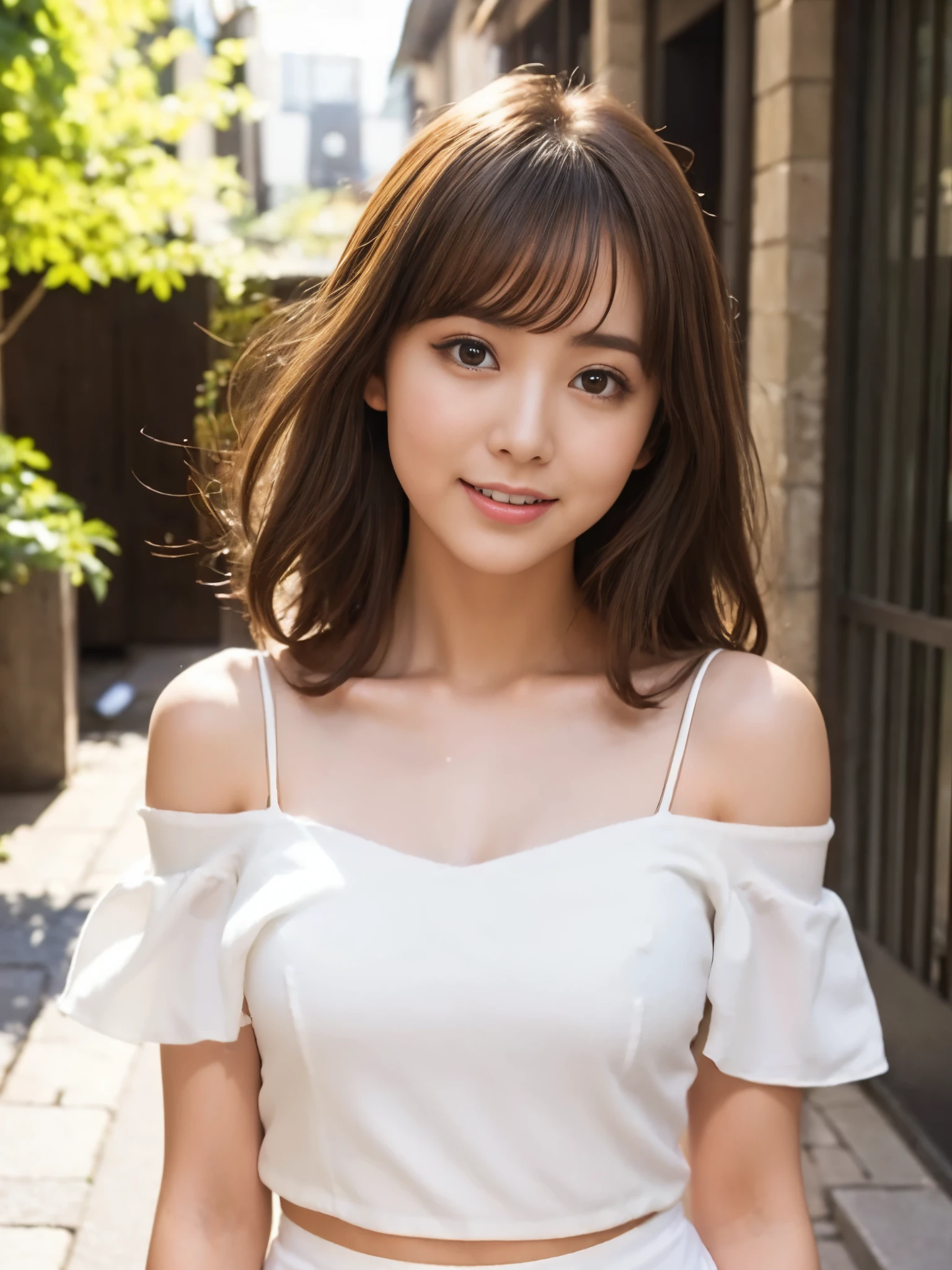 A beautiful Japanese shy girl, short brown hair, brown big eyes, shiny lip, shiny hair, ecstatic expression, in courtyard, light shine in, The background is very blurry, wearing off shoulder sleeveless white blouse, red mini skirt, wearing neckless,