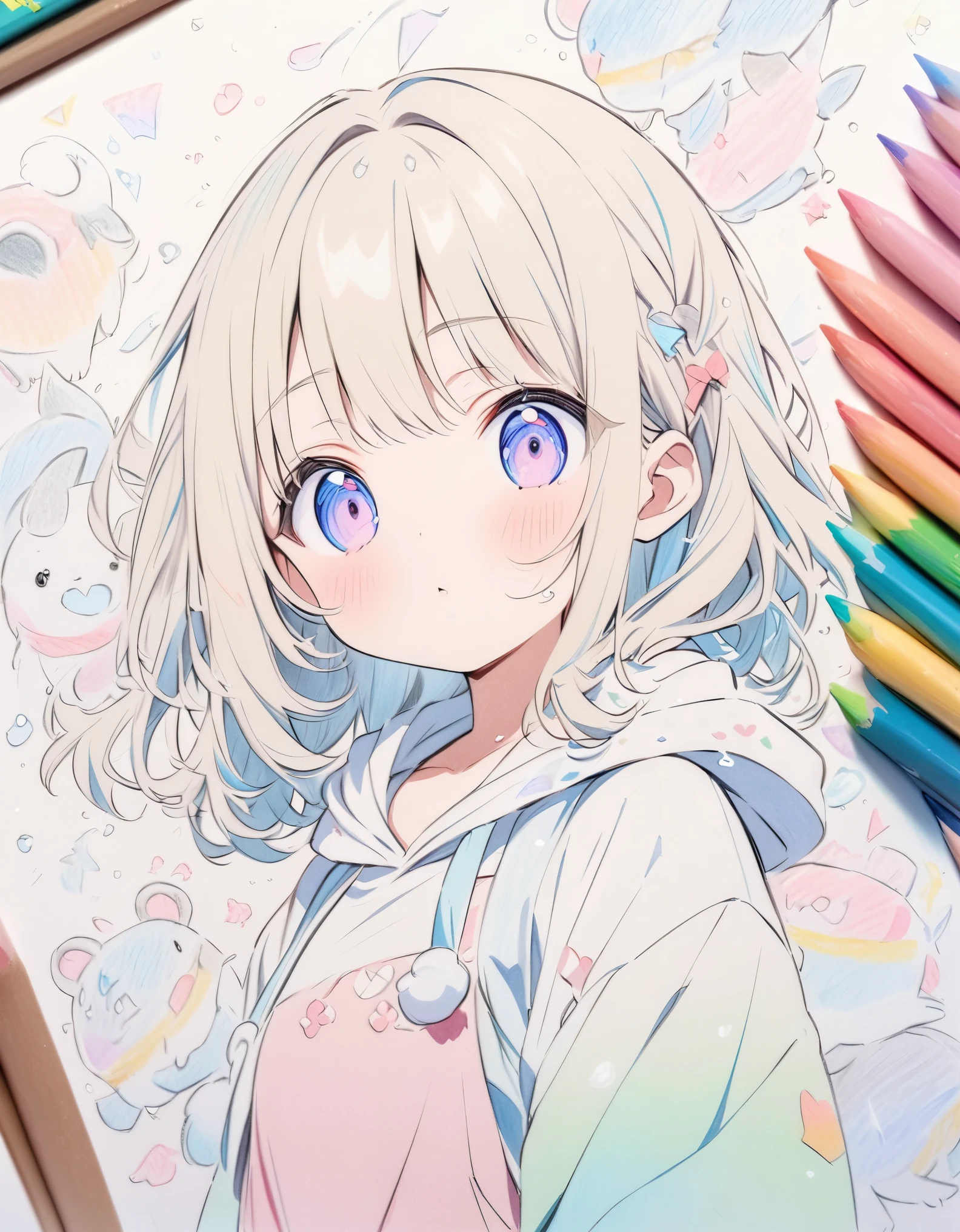 ((style:colored pencil,Pale colors)),(masterpiece:1.2),(anime),Fantasy、Cute animals and girls、cute、Two shots