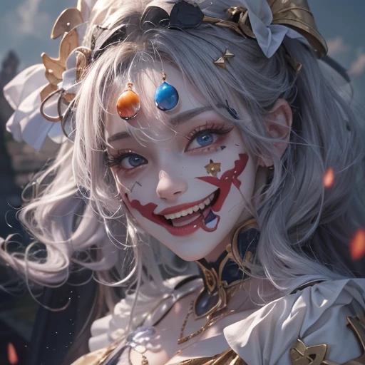 Hiding in the tomb、Hair flow、 ((highest quality、masterpiece、8k、Best image quality、Ultra-high resolution、Award-winning works)、(Accurate anatomy:1.1)、(Look at me and smile:1.1)、Shining fair skin with Ultra-high resolution、The most detailed face、Ultra-high resolution detailed face、Ultra-high resolutionの髪の毛、(Ultra-high resolutionの煌めく瞳:1.1)、Beautiful face drawn in every detail、Cheerful clown costume, Chest to chest, tattoo,Strange atmosphere, Ghosts flow 