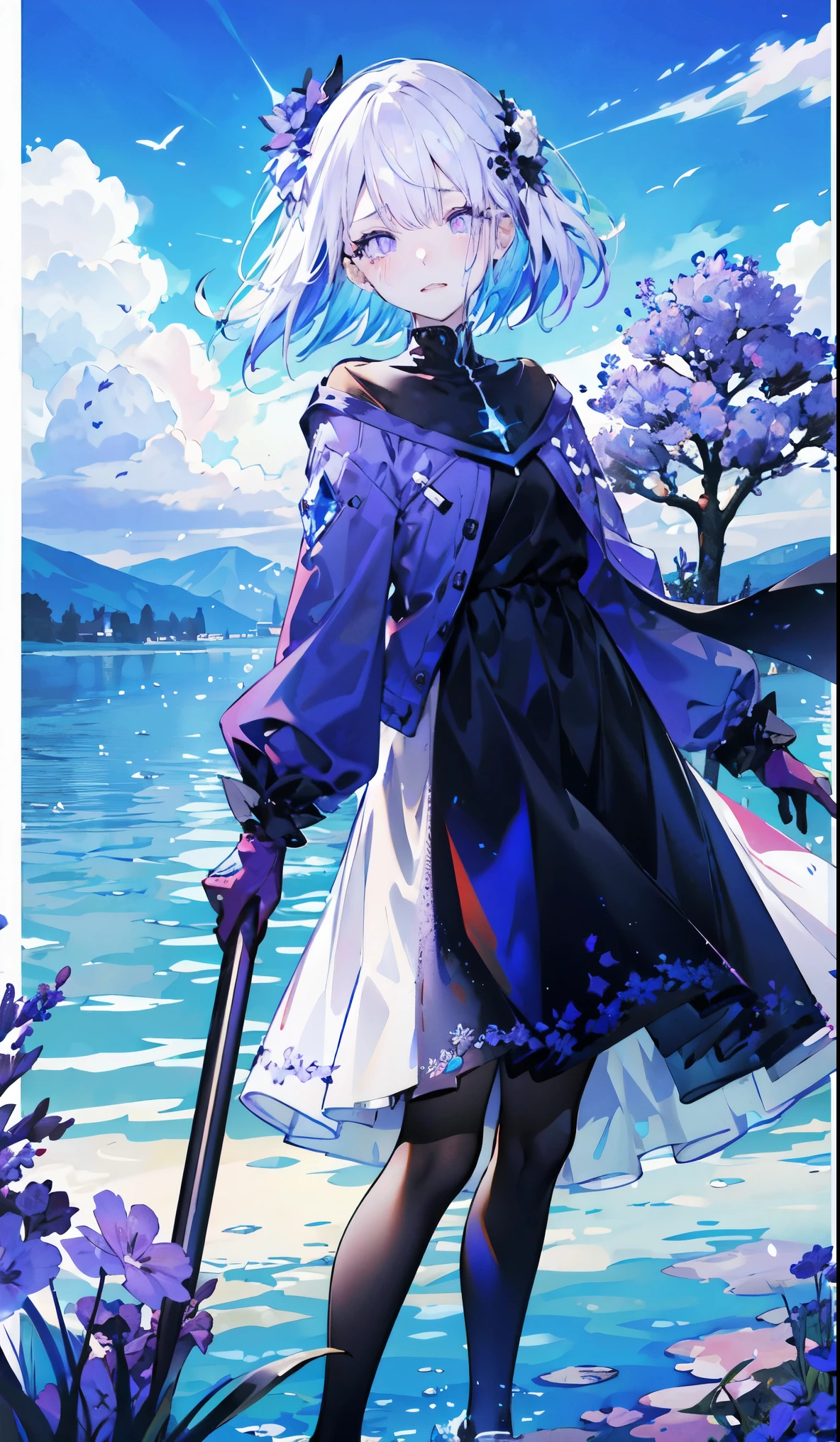 （（masterpiece：1.4，best quality）），（Super detailed），（Extremely detailed eyes），（Black leggings，Shiny socks：1.5），Hello Darkness
（Cute girls），20 years old，（Blood-red pupils，Diamond-shaped pupil：1.15），Purple Eyeshadow，（Elongated hair，Thick hair，shiny hair：1.5）（Variza：1.2），Fair skin，despair，Grief，Empty eyes，Tears streaming down my face，tilt head to one side，Kneel down
（She wears blue armor，A blue dress，：1.5），（blue gloves：1.4）Very long plush sleeves，White，White Cloud，Dream bubbles ，Ice and glitter effects
（Black long skirt：1.1），
（dawn：1.2），
（Intense black and white：1.16），（Depth of Field：1.4），，Intricate details，(Sky Castle，Standing on the lake，Purple flowers by the lake)