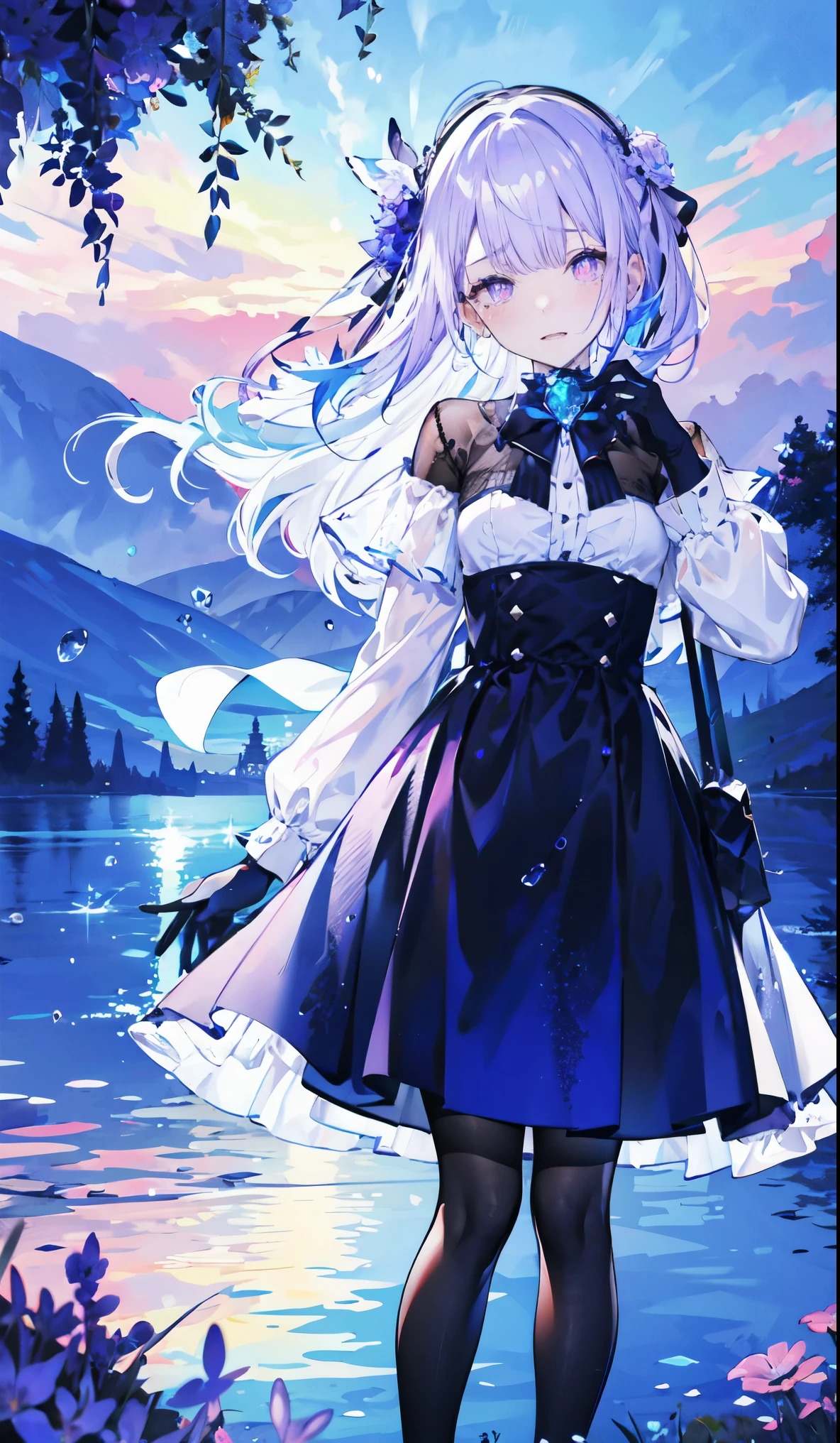 ((masterpiece:1.4,best quality)),(Super detailed),(Extremely detailed eyes),(Black leggings,Shiny socks:1.5),Hello Darkness
(Cute girls),20 years old,(Blood-red pupils,Diamond-shaped pupil:1.15),Purple Eyeshadow,(Elongated hair,Thick hair,shiny hair:1.5)(Variza:1.2),Fair skin,despair,Grief,Empty eyes,Tears streaming down my face,tilt head to one side,Kneel down
(She wears blue armor,A blue dress,:1.5),(blue gloves:1.4)Very long plush sleeves,White,White Cloud,Dream bubbles ,Ice and glitter effects
(Black long skirt:1.1),
(dawn:1.2),
(Intense black and white:1.16),(Depth of Field:1.4),,Intricate details,(Sky Castle,Standing on the lake,Purple flowers by the lake)