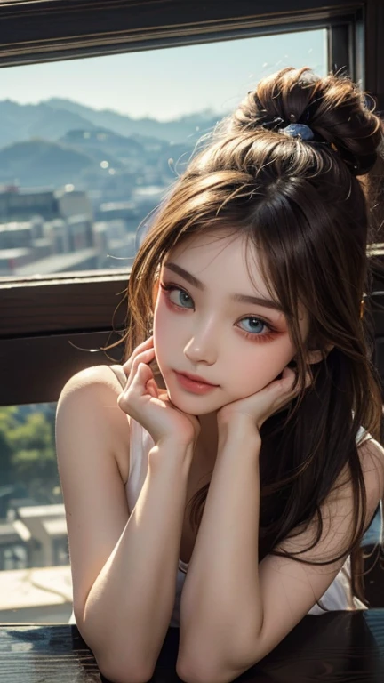 1 girl, more details in eyes,cute,looking at viewer, adorabel girl,cute face,details sky,pretty,young,juvenile,((masterpiece:1.4,best quality)),multiple details,colorful hair,eyeshadow,, sfw,   