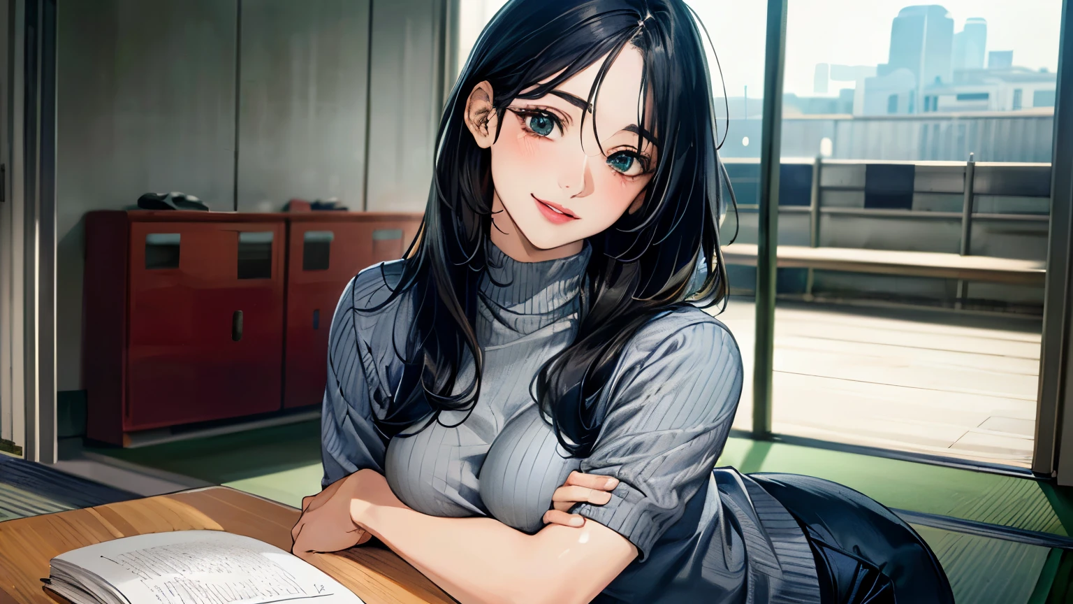 (masterpiece:1.3, highest quality, Ultra-high resolution, Super detailed), (Realistic, photoRealistic:1.4), Beautiful illustrations, Perfect lighting, Natural light, colorful, Depth of written boundary, 
View Viewer, whole body, Front view:0.6, 1 girl, Japanese, office lady, 19 years old, Perfect Face, (Perfect Anatomy), Cute and symmetrical face, , Shiny skin, , 
(Long Hair:1.7, Straight hair:1.2, Black Hair), Hair between the eyes, Emerald green eyes, Long Eyelashes, (Big Breasts:0.8), 
Beautiful Hair, Beautiful Face, Beautiful fine details, Beautiful clavicle, Beautiful body, Beautiful breasts, Beautiful thighs, Beautiful feet, Beautiful fingers, 
((Short sleeve navy high neck sweater, Grey stretch tapered pants), ID card), 
(Beautiful views), Daytime, (Office Lounge),, (Smile, Half an eye, Lips parted),Reading a book,whole body,mini skirt,one person,whole body,Attractive legs