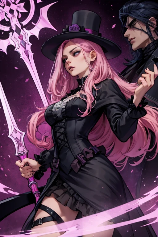 A muscular pink haired male reaper with violet eyes and long hair in a gothic victorian suit is spinning a scythe in the underworld