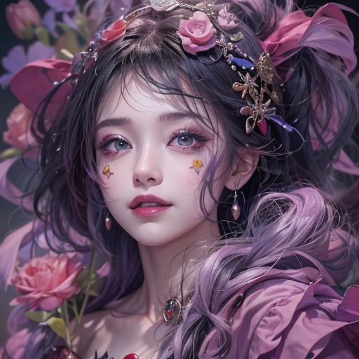 Hiding in the tomb、Hair flow、 ((highest quality、masterpiece、8k、Best image quality、Ultra-high resolution、Award-winning works)、(Accurate ???????:1.1)、(Look at me and smile:1.1)、Shining fair skin with Ultra-high resolution、The most detailed face、Ultra-high resolution detailed face、Ultra-high resolutionの髪の毛、(Ultra-high resolutionの煌めく瞳:1.1)、Beautiful face drawn in every detail、Cheerful clown costume, Chest to chest, tattoo,Strange atmosphere, Ghosts flow, Dark color makeup 