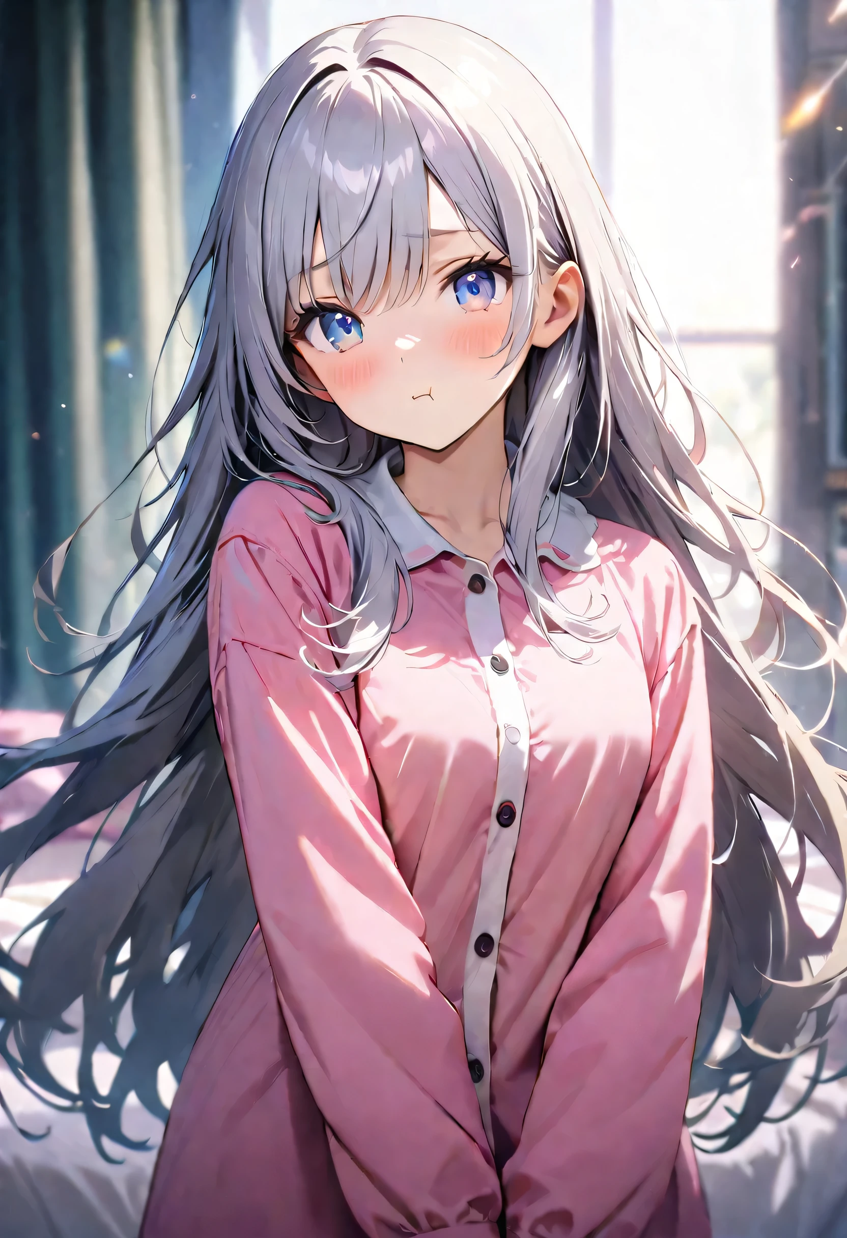(raw photo: 1.2), ((realism: 1.4)) Top quality, masterpiece, illustration, very delicate and beautiful, high resolution, CG , uniformity , 8K wallpaper, amazing, detailed, masterpiece, top quality, official art, high definition CG Unity 8K wallpaper, absurd, high definition, high definition, high definition, quality beautiful girl, high definition eyes and face, beautiful Detailed eyes, face light, movie light, Cowboy Shot,
BREAK (eye highlight), Score_9, Score_8_up, Score_7_up, (exused_skin:1.3), eyes wide,
BREAK 1girl,silver hair,straight long hair,blue eyes,blush,shy,pout,pink pajamas,head tilt,v-arms,pastel hues,blurred edges,nostalgic mood,bed room,optical flare,bokeh,front view,blurry,(depth of field:1.2),straight-on,looking at viewer,morning lit,