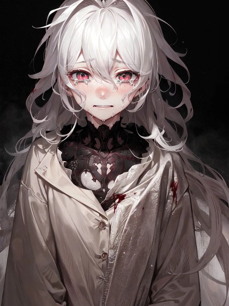 komaeda_nagito,1boy, alone,crying,aesthetic,extremely detailed,teary eyes,soaked lashes,emotional expression,intense sadness,dripping tears,rosy cheeks,crazy eyes,crazy smile,mental illness,true-to-life textures,highly refined details,perfect anatomical structure,vibrant hues,artistic composition,breathtaking realism,masterful craftsmanship,highly emotional scene,silent sorrow,in a mental asylum, dim lighting, blood splatter, horror, creepy,moisture in the air, stark contrast,moody ambiance,precise contours,striking emotion,touching portrayal,painstaking attention to detail,aesthetically pleasing,heart-wrenching,deeply moving artistry