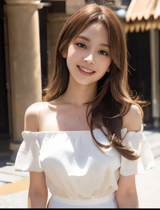 A beautiful Japanese shy girl, short brown hair, brown big eyes, shiny lip, shiny hair, ecstatic expression, in courtyard, light shine in, The background is very blurry, wearing off shoulder sleeveless white blouse, red mini skirt, wearing neckless,