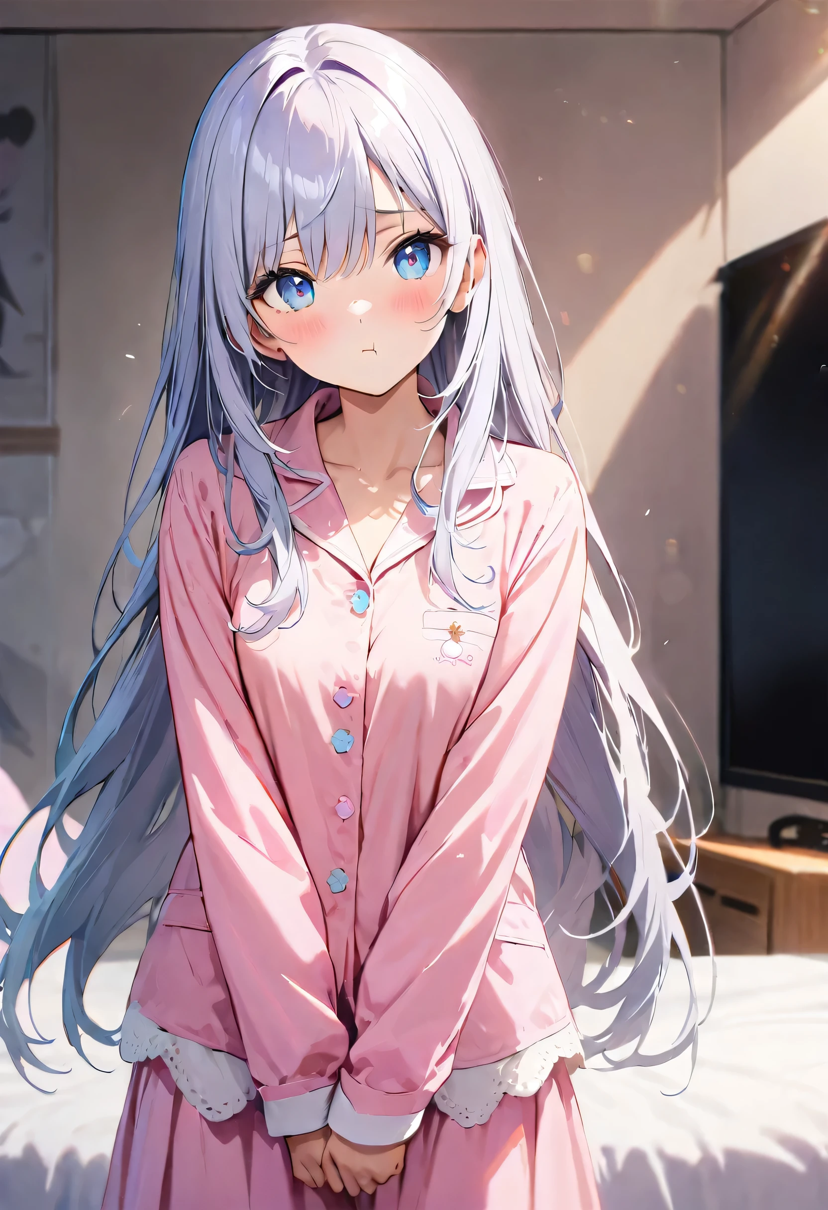 (raw photo: 1.2), ((realism: 1.4)) Top quality, masterpiece, illustration, very delicate and beautiful, high resolution, CG , uniformity , 8K wallpaper, amazing, detailed, masterpiece, top quality, official art, high definition CG Unity 8K wallpaper, absurd, high definition, high definition, high definition, quality beautiful girl, high definition eyes and face, beautiful Detailed eyes, face light, movie light, Cowboy Shot,
BREAK (eye highlight), Score_9, Score_8_up, Score_7_up, (exused_skin:1.3), eyes wide,
BREAK 1girl,silver hair,straight long hair,blue eyes,blush,shy,pout,pink pajamas,head tilt,v-arms,pastel hues,blurred edges,nostalgic mood,bed room,optical flare,bokeh,front view,blurry,(depth of field:1.2),straight-on,looking at viewer,morning lit,