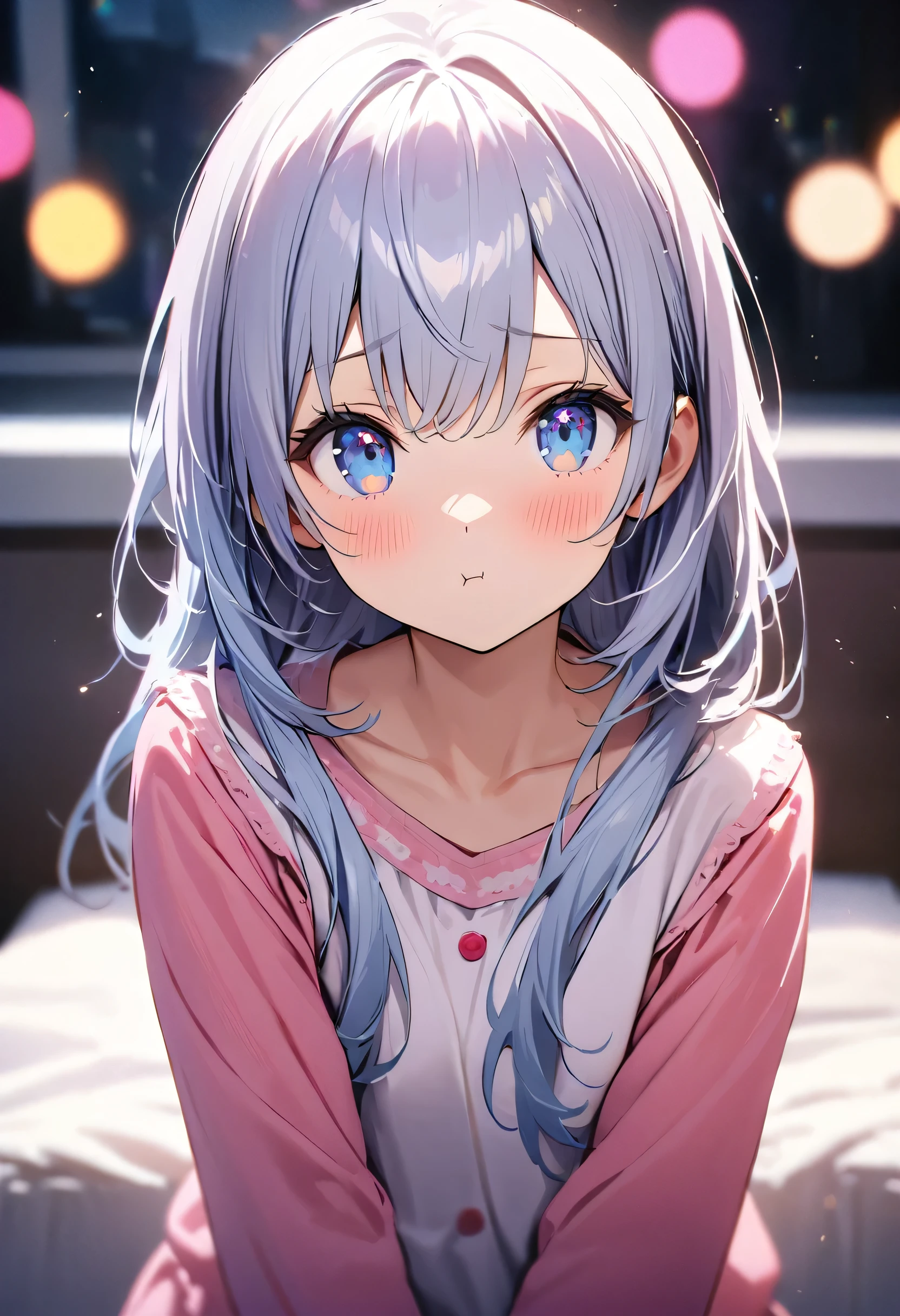 (raw photo: 1.2), ((realism: 1.4)) Top quality, masterpiece, illustration, very delicate and beautiful, high resolution, CG , uniformity , 8K wallpaper, amazing, detailed, masterpiece, top quality, official art, high definition CG Unity 8K wallpaper, absurd, high definition, high definition, high definition, quality beautiful girl, high definition eyes and face, beautiful Detailed eyes, face light, movie light, Cowboy Shot,
BREAK (eye highlight), Score_9, Score_8_up, Score_7_up, (exused_skin:1.3), eyes wide,
BREAK 1girl,silver hair,straight long hair,blue eyes,blush,shy,pout,pink pajamas,head tilt,v-arms,pastel hues,blurred edges,nostalgic mood,bed room,optical flare,bokeh,front view,blurry,(depth of field:1.2),straight-on,looking at viewer,morning lit,