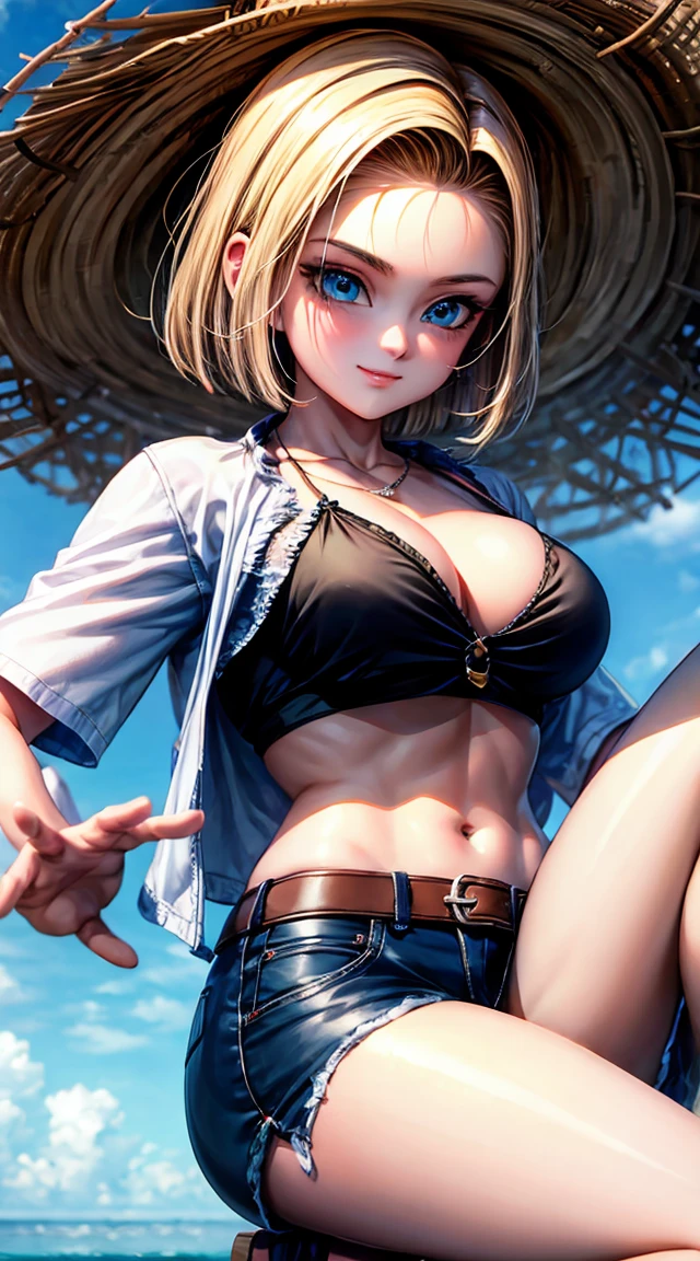 Fille sexy, gros sein, roof of a hotel, coucher de soleil, seductive, chemise blanche, cheveux blonds, yeux bleus, detailed eyes, sablier _forme du corps, ultra detailed, 4K ultra HD, souriante, sourire coquin, rougit, bijoux, bikini,