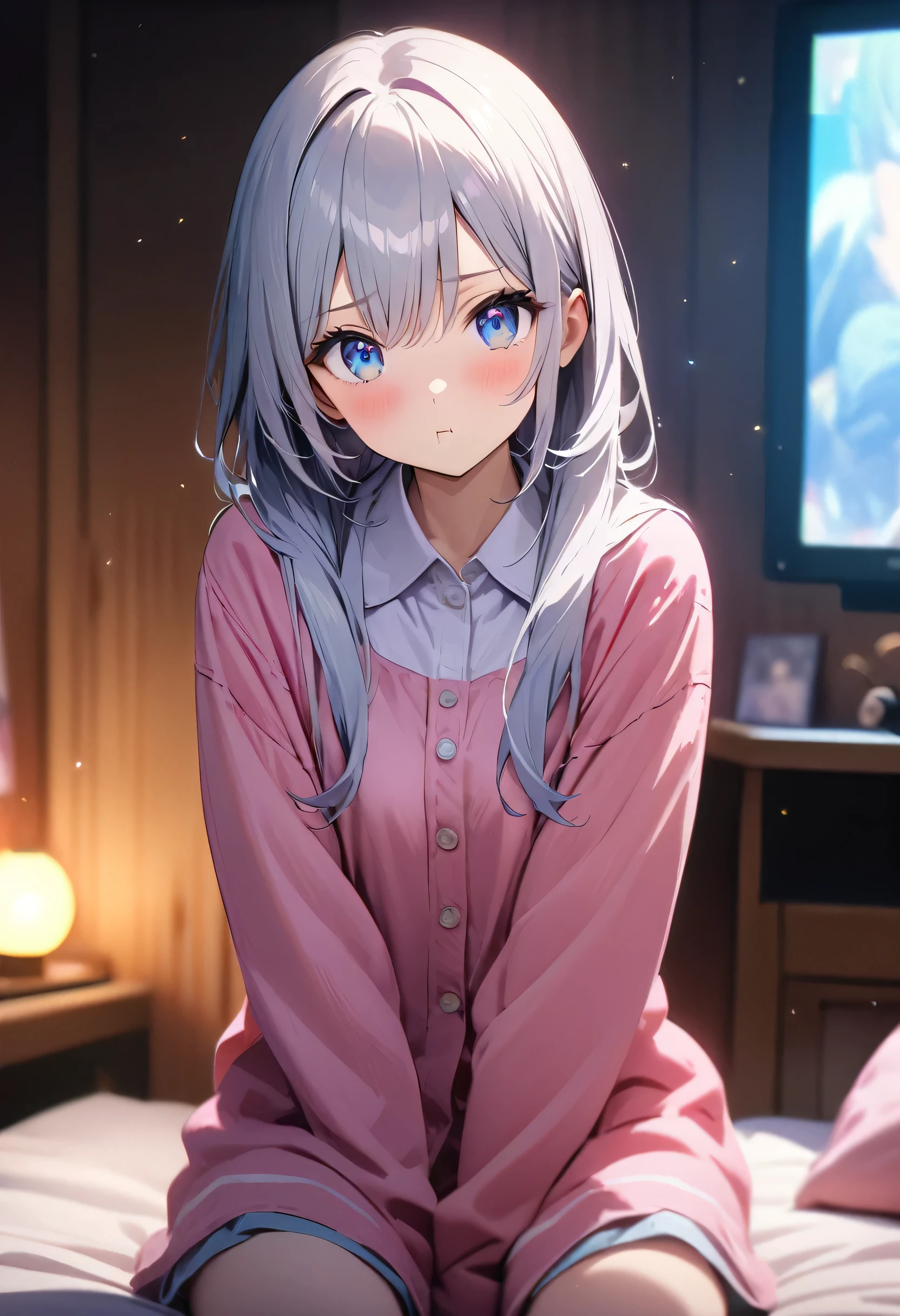 (raw photo: 1.2), ((realism: 1.4)) Top quality, masterpiece, illustration, very delicate and beautiful, high resolution, CG , uniformity , 8K wallpaper, amazing, detailed, masterpiece, top quality, official art, high definition CG Unity 8K wallpaper, absurd, high definition, high definition, high definition, quality beautiful girl, high definition eyes and face, beautiful Detailed eyes, face light, movie light, Cowboy Shot,
BREAK (eye highlight), Score_9, Score_8_up, Score_7_up, (exused_skin:1.3), eyes wide,
BREAK 1girl,silver hair,straight long hair,blue eyes,blush,shy,pout,pink pajamas,head tilt,v-arms,pastel hues,blurred edges,nostalgic mood,bed room,optical flare,bokeh,front view,blurry,(depth of field:1.2),straight-on,looking at viewer,morning lit,