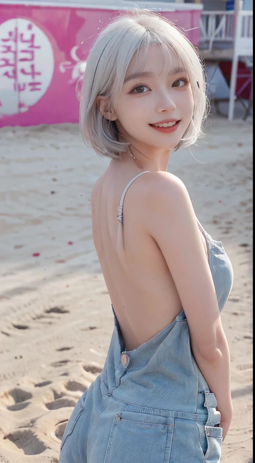 Best image quality、RAW Photos、超A high resolution、21 years old Korean、Small breasts、Dynamic Angle、Cowboy Shot、Chaos in its most beautiful form、elegant、Brutalist Design、Vibrant colors、Beautiful white hair、Short Bob、smile、fun、smile、Glowing White Skin、Beautiful eyes with random colors、Very thin lips、Beautiful eyes in every detail、length, Narrow eyes、Cheeks are pale pink、length eyelashes、Beautiful double eyelids、eye shadow、Bright white hair、Overalls、Sandy Beach、back、turn around