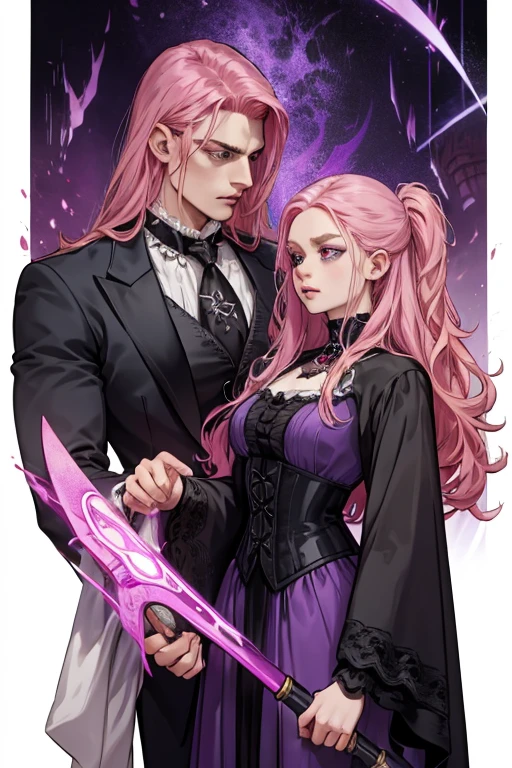 A muscular pink haired man with violet eyes and long hair in a gothic victorian suit is spinning a scythe in the underworld