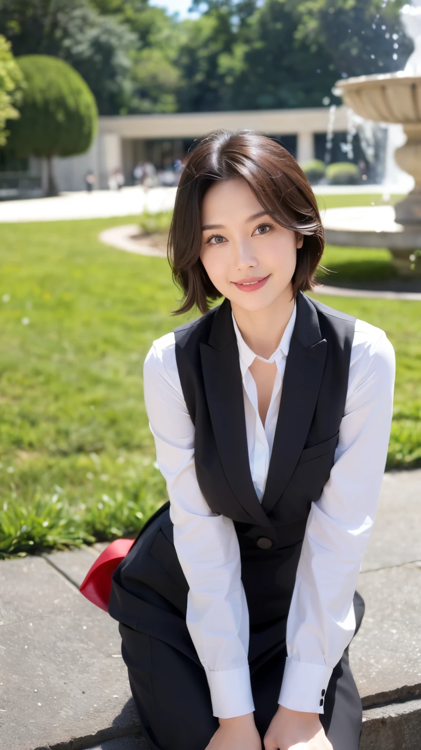 最high quality, In 8K, Masseter region, Vibrant, Sharp focus, high quality, High resolution, Detailed face, fine grain, Thick lips, (Looking at the audience), alone, Beautiful woman, 38 years old, Japanese women, (Short black hair:1.4)、(Bob Hair:1.4), Cleavage, Lunch break、Large city park、Green Grass、In front of a big fountain、(sitting on a park bench:1.3)、(Full body photo:1)、(Japanese women)、(Bank Uniform:1.8), (wearing a dark 青 vest over a white blouse:1.5)、(Wearing a scarf around her neck), (Three button vest:1.5), (Red, blue and white ribbon around his neck)、(Black pumps:1.5)、(Red lipstick:1)、(smile:1.3)、(standard body type)、(D cup breasts)