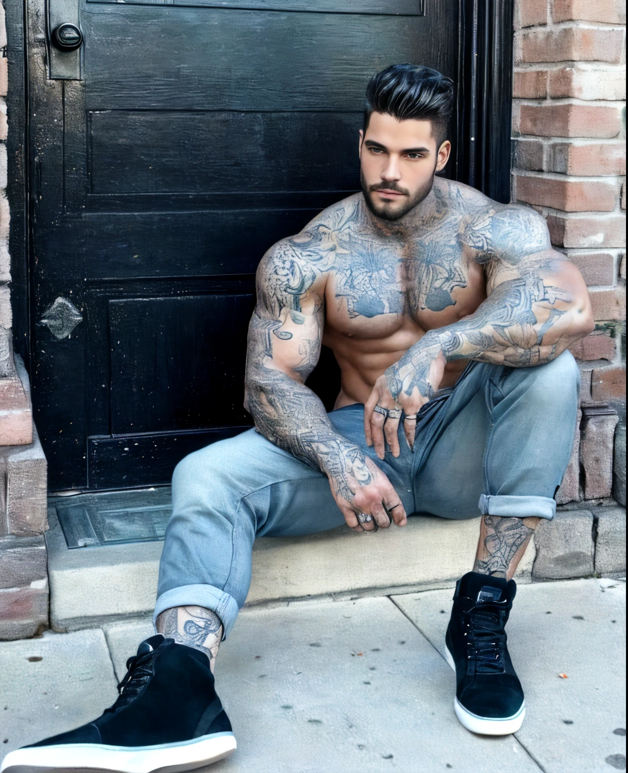arafed man com tatuagens sitting on a step next to a door, muscular body tatuado, tatuado man, com tatuagens, fully tatuado body, tatuagens de corpo inteiro, tatuagens de corpo inteiro, tatuado, tatuado, corpo inteiro Greg Rutkowski, tatuado body, Clayton Crain, foto de moda ciborgue, lucas graziano, homem bonito, Masculino e bonito, masculino sexy