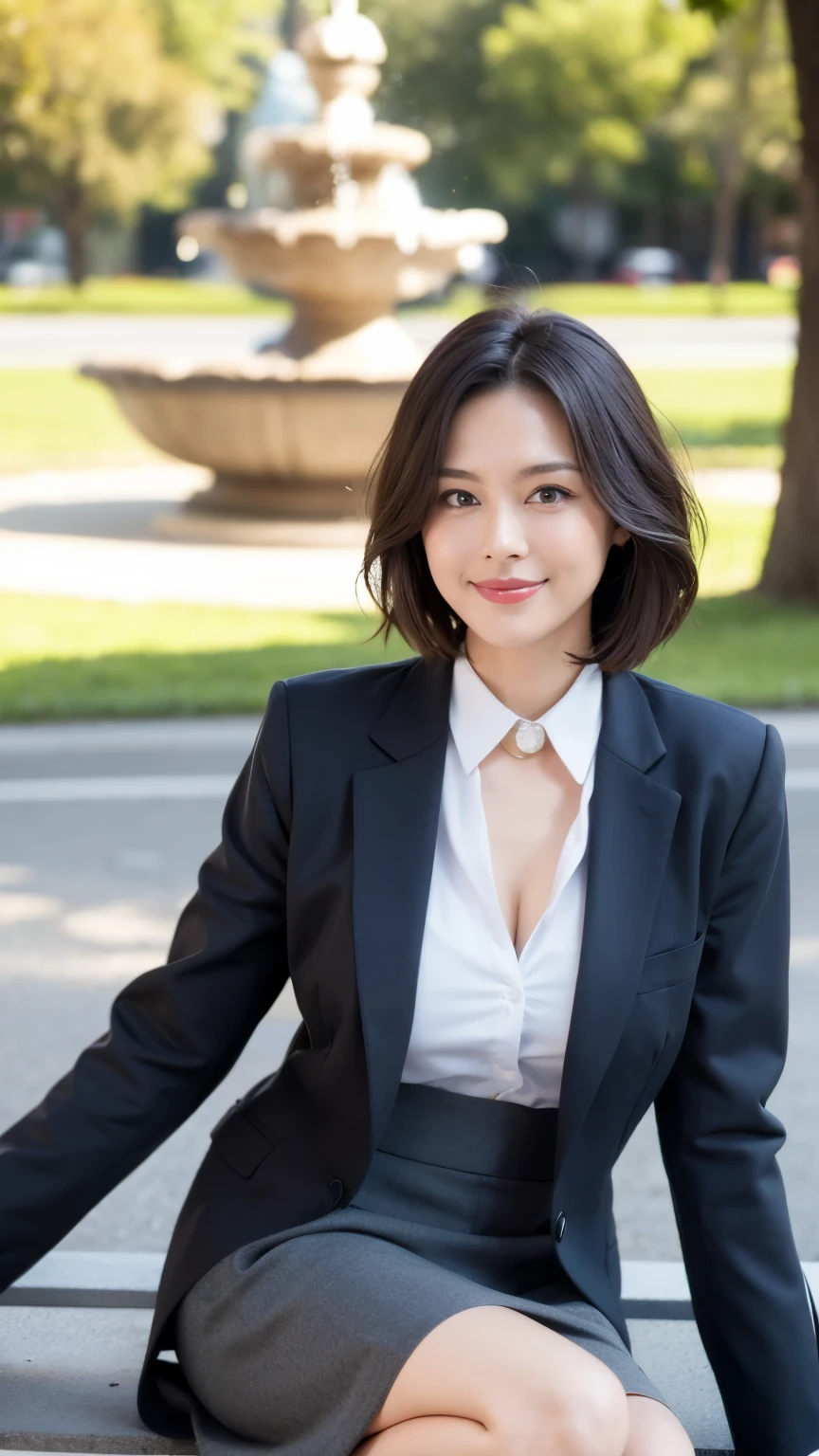 最high quality, In 8K, Masseter region, Vibrant, Sharp focus, high quality, High resolution, Detailed face, fine grain, Thick lips, (Looking at the audience), alone, Beautiful woman, 38 years old, Japanese women, (Short black hair:1.4)、(Bob Hair:1.4), Cleavage, Lunch break、Large city park、Green Grass、In front of a big fountain、(sitting on a park bench:1.3)、(Full body photo:1)、(Japanese women)、(Mitsubishi Bank uniform:1.8), (wearing a dark 青 vest over a white blouse:1.5), The vest has three gold buttons, (Red, blue and white ribbon around his neck)、(Knee-length dark blue skirt)、(Black pumps:1.5)、(Red lipstick:1)、(smile:1.3)、(standard body type)、(D cup breasts)