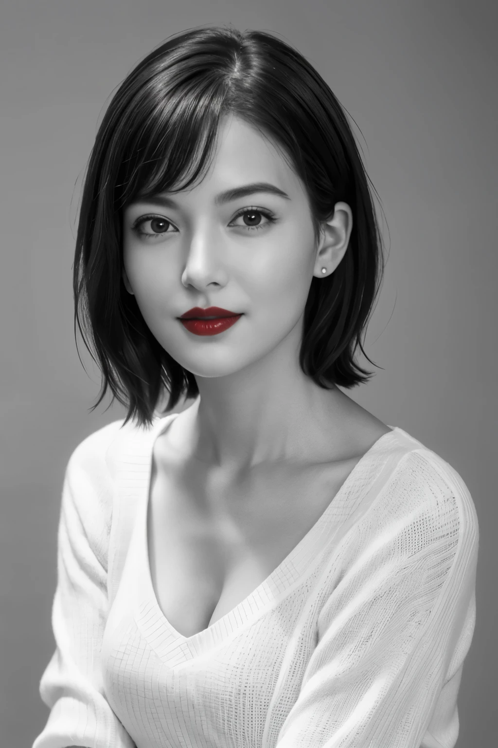 Tabletop, highest quality, Photorealistic, Very detailed, finely, High resolution, 8k wallpaper, RAW Photos, Professional, High level of detail, 1 girl, (((Black and white photography))), (((Red lips))), ((Looking at the camera)), (Look forward), Upper Body, Short Hair, Bob Hair, Straight Hair, Shapely breasts, Cleavage, V-neck light knit sweater