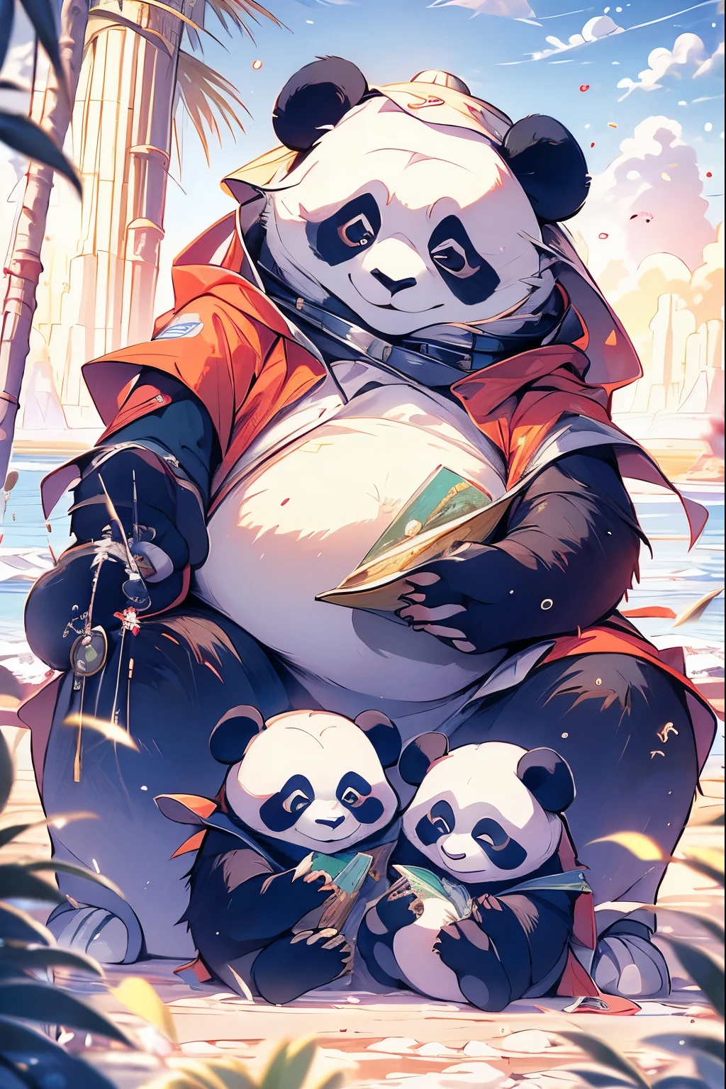 Panda family sightseeing inside USS ENTERPRISE, dune, star wars, masterpiece, coloring-book,