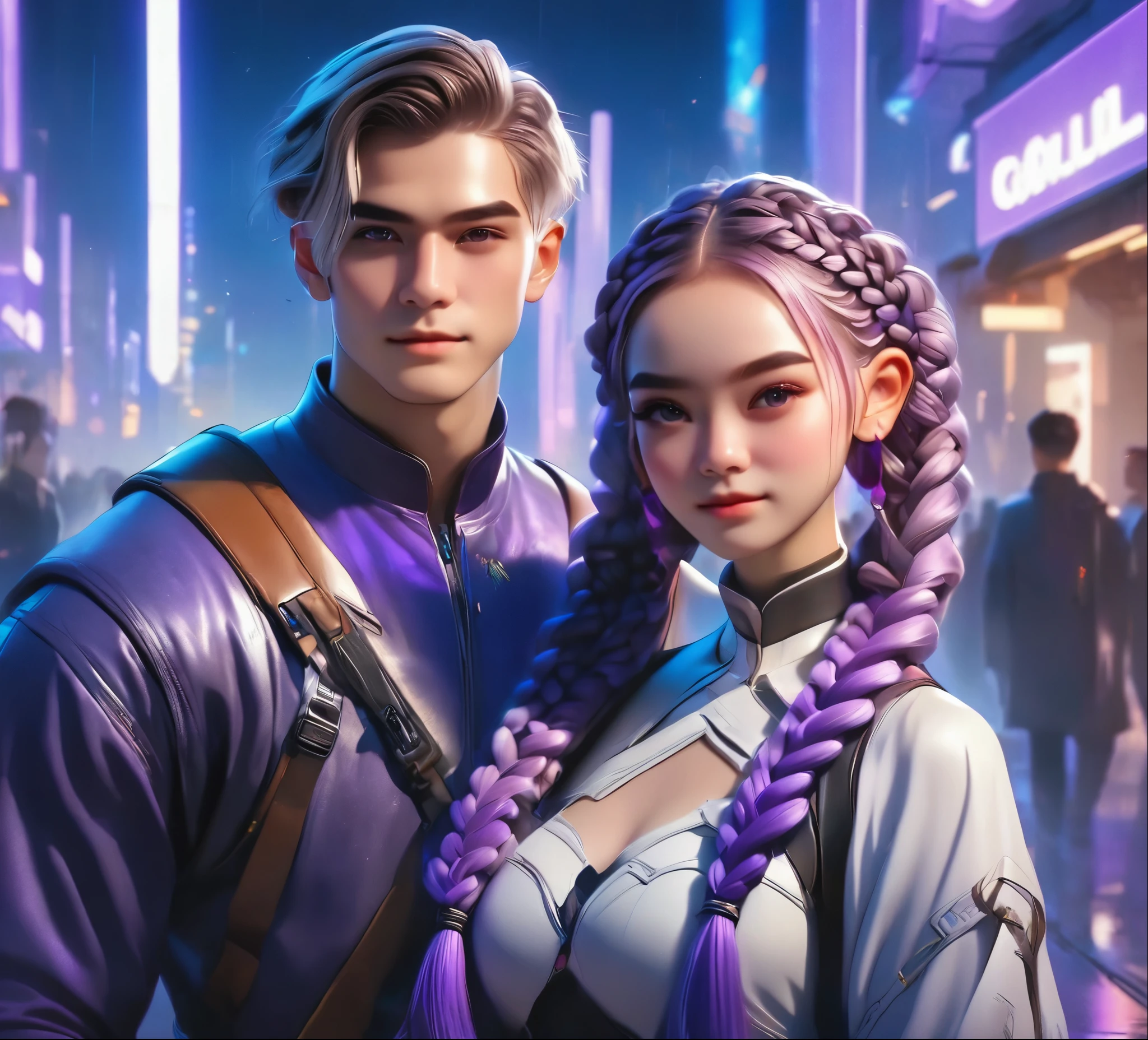 1 boy,Girl with purple and white gradient double braids,romantic couple,Smiling Face,as thick as thieves,Background blur,high quality,Artistic sense,cinematic atmosphere,Luxury lighting