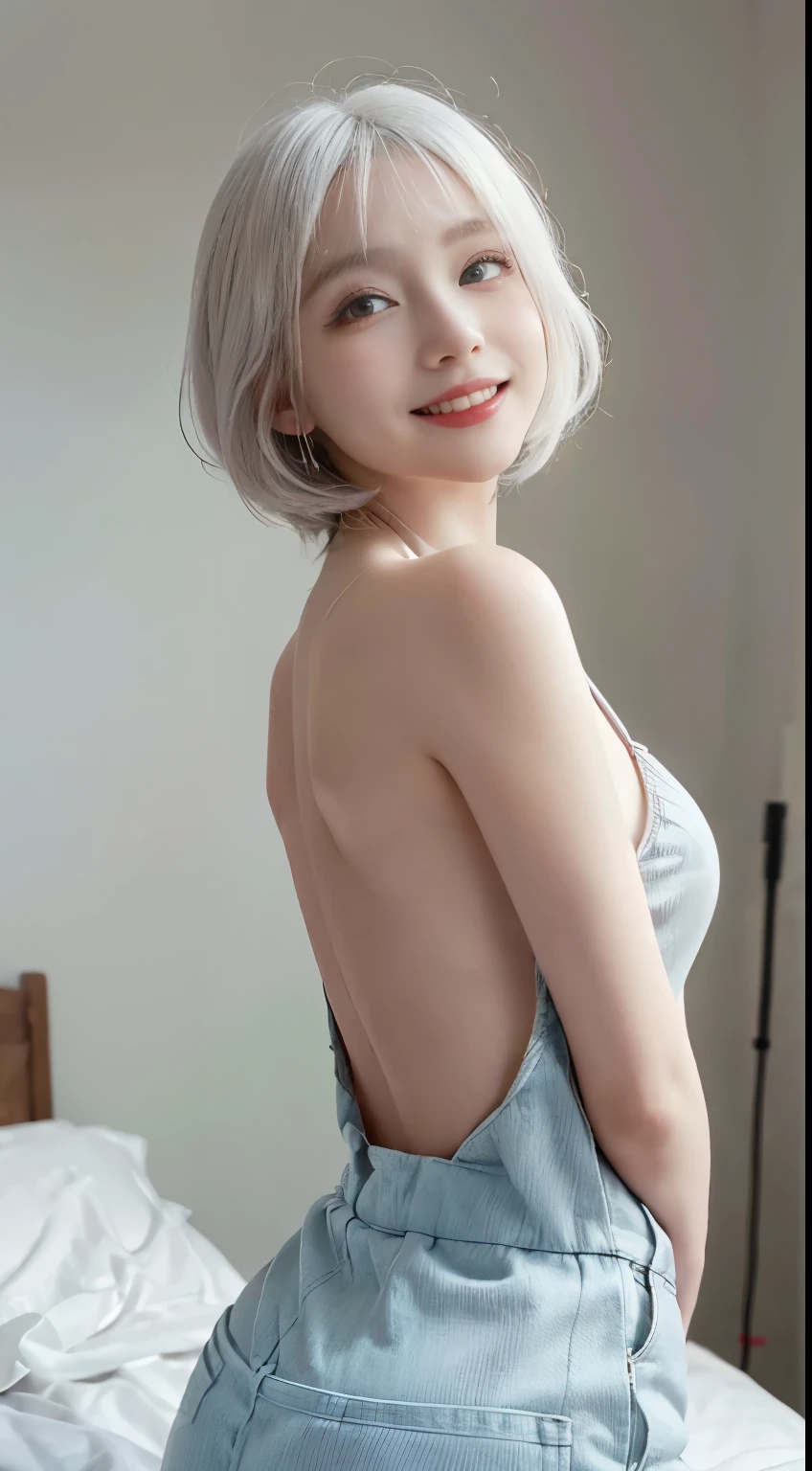 Best image quality、RAW Photos、超A high resolution、21 years old Korean、Small breasts、Dynamic Angle、Cowboy Shot、Chaos in its most beautiful form、elegant、Brutalist Design、Vibrant colors、Beautiful white hair、Short Bob、smile、fun、smile、Glowing White Skin、Beautiful eyes with random colors、Very thin lips、Beautiful eyes in every detail、length, Narrow eyes、Cheeks are pale pink、length eyelashes、Beautiful double eyelids、eye shadow、Bright white hair、Overalls、Sandy Beach、back、turn around