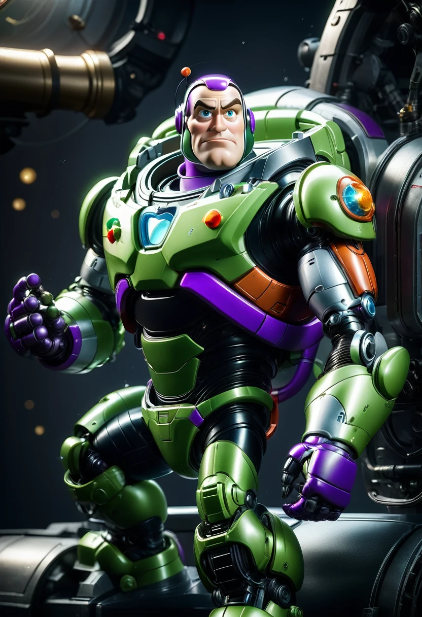 Buzz Lightyear, a highly detailed 3d render of buzz lightyear, incredibly realistic, hyperrealistic, 8k, 4k, extremely intricate details, dynamic lighting, cinematic camera angle, metallic textures, glossy paint, shiny plastic, vibrant colors, complex machinery, futuristic design, dramatic pose, heroic expression