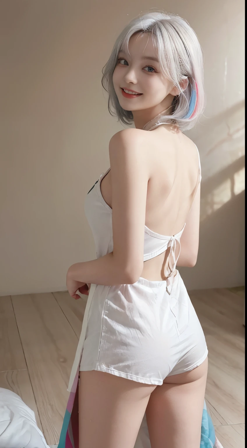 Best image quality、RAW Photos、超A high resolution、21 years old Korean、Small breasts、Dynamic Angle、Cowboy Shot、Chaos in its most beautiful form、elegant、Brutalist Design、Vibrant colors、Beautiful white hair、Short Bob、smile、fun、smile、Glowing White Skin、Beautiful eyes with random colors、Very thin lips、Beautiful eyes in every detail、length, Narrow eyes、Cheeks are pale pink、length eyelashes、Beautiful double eyelids、eye shadow、Bright white hair、Overalls、Sandy Beach、back、turn around