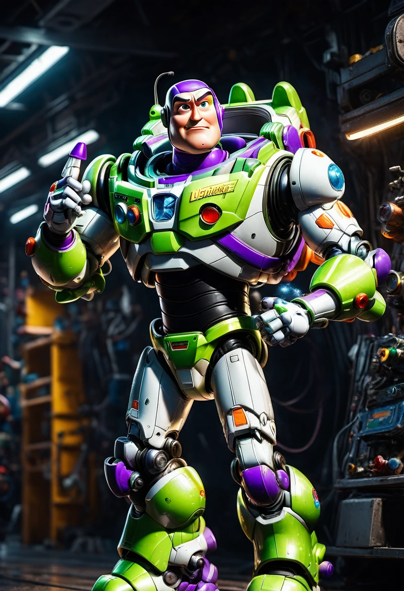 Buzz Lightyear, a highly detailed 3d render of buzz lightyear, incredibly realistic, hyperrealistic, 8k, 4k, extremely intricate details, dynamic lighting, cinematic camera angle, metallic textures, glossy paint, shiny plastic, vibrant colors, complex machinery, futuristic design, dramatic pose, heroic expression