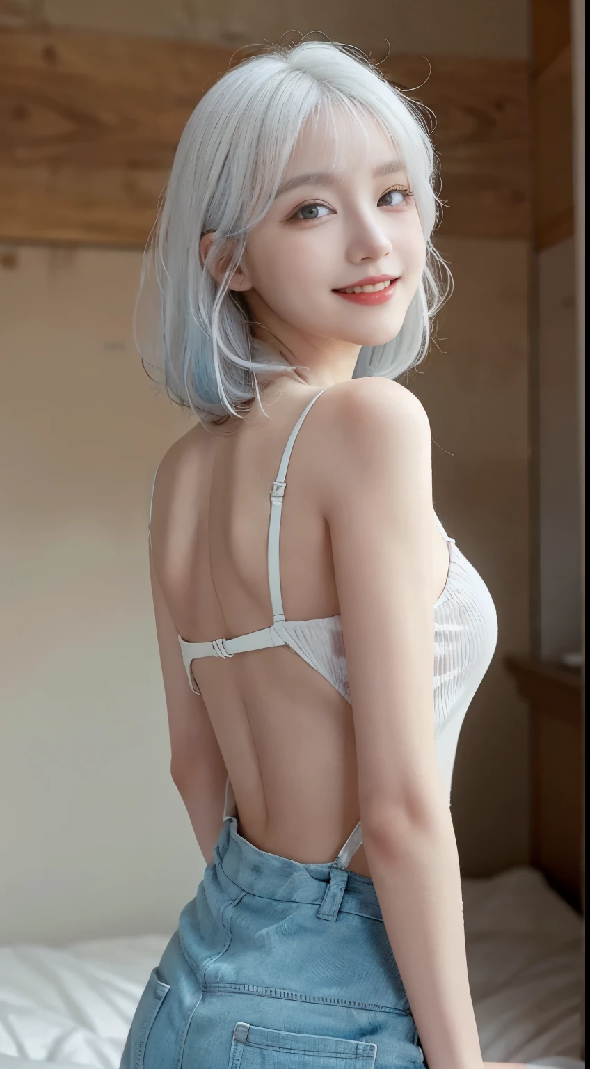Best image quality、RAW Photos、超A high resolution、21 years old Korean、Small breasts、Dynamic Angle、Cowboy Shot、Chaos in its most beautiful form、elegant、Brutalist Design、Vibrant colors、Beautiful white hair、Short Bob、smile、fun、smile、Glowing White Skin、Beautiful eyes with random colors、Very thin lips、Beautiful eyes in every detail、length, Narrow eyes、Cheeks are pale pink、length eyelashes、Beautiful double eyelids、eye shadow、Bright white hair、Overalls、Sandy Beach、back、turn around